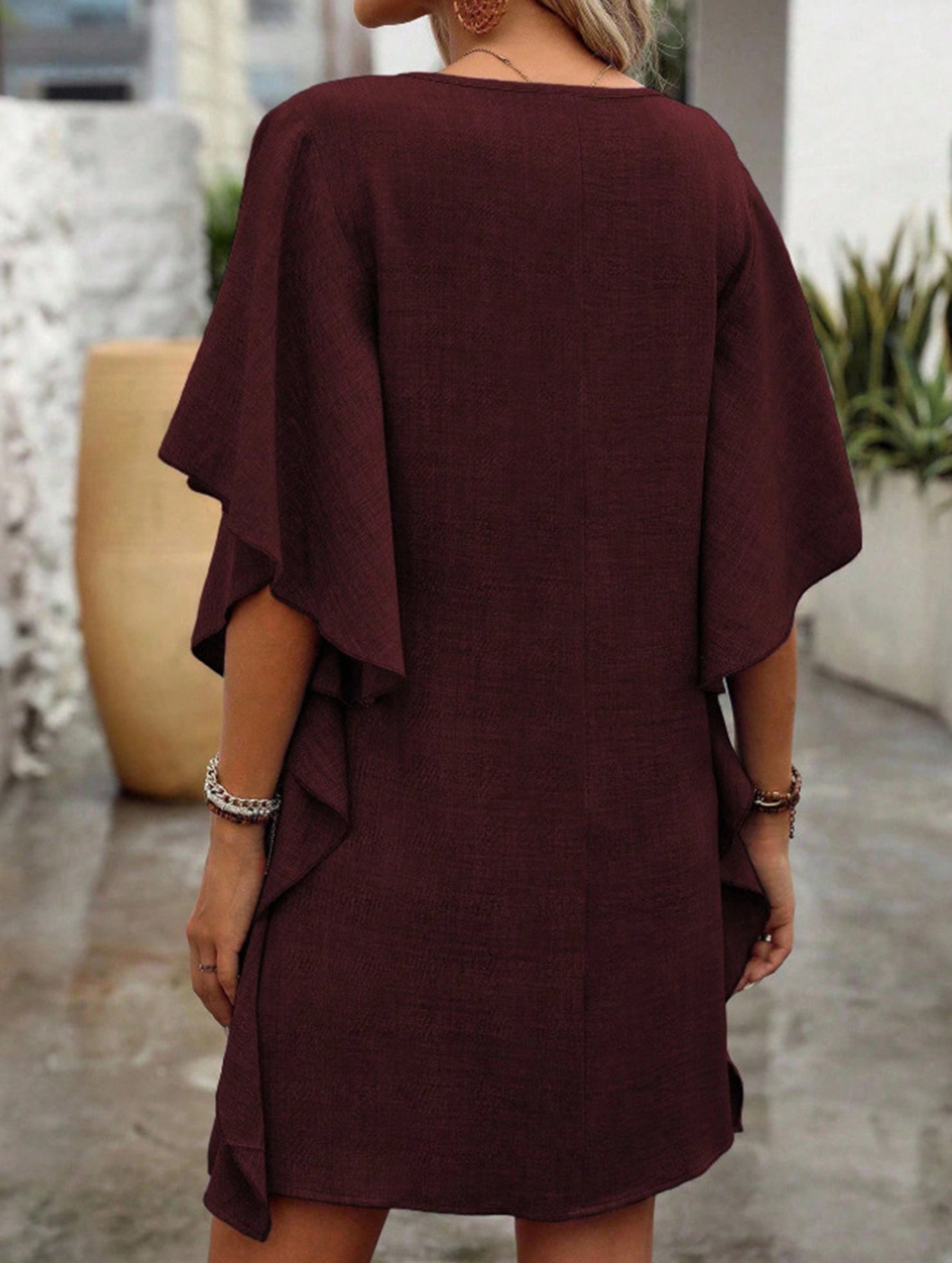 Anna-Berg | Solid Loose Ruffle V Neck Dress