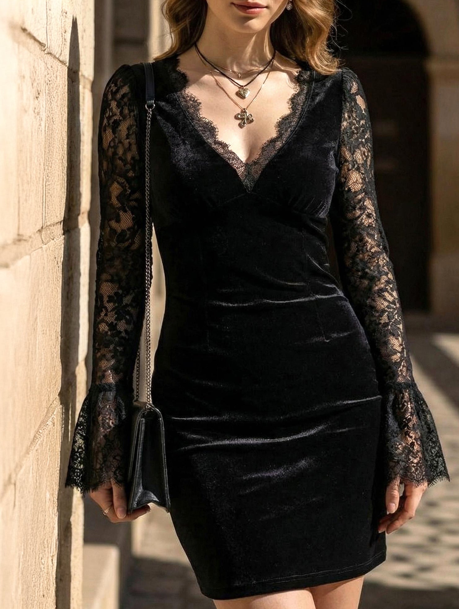 Anna-Berg | Mesh Lace Deep V Pleated Dress