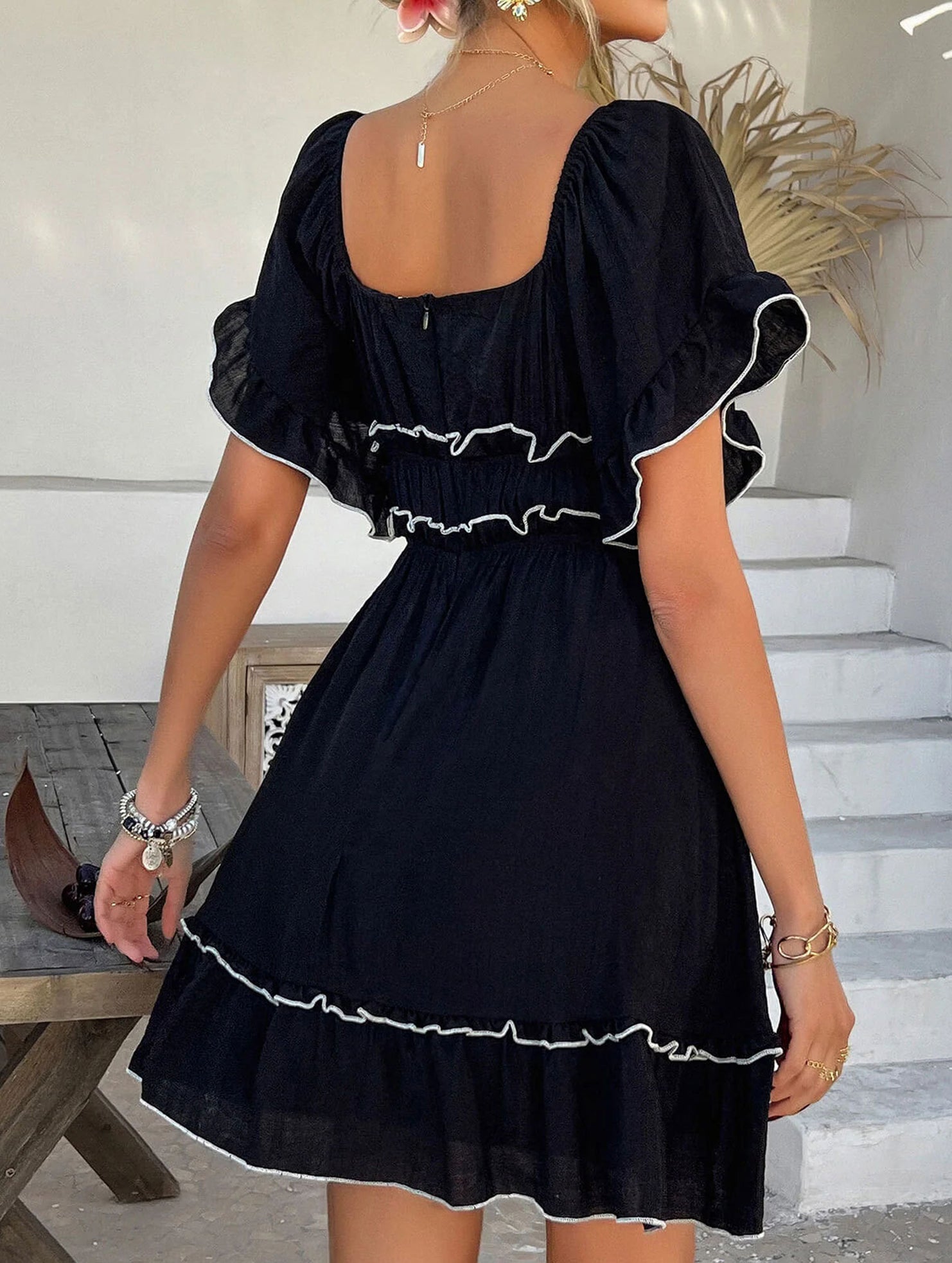 Anna-Berg | French Square Neck Ruffle A-Line Dress