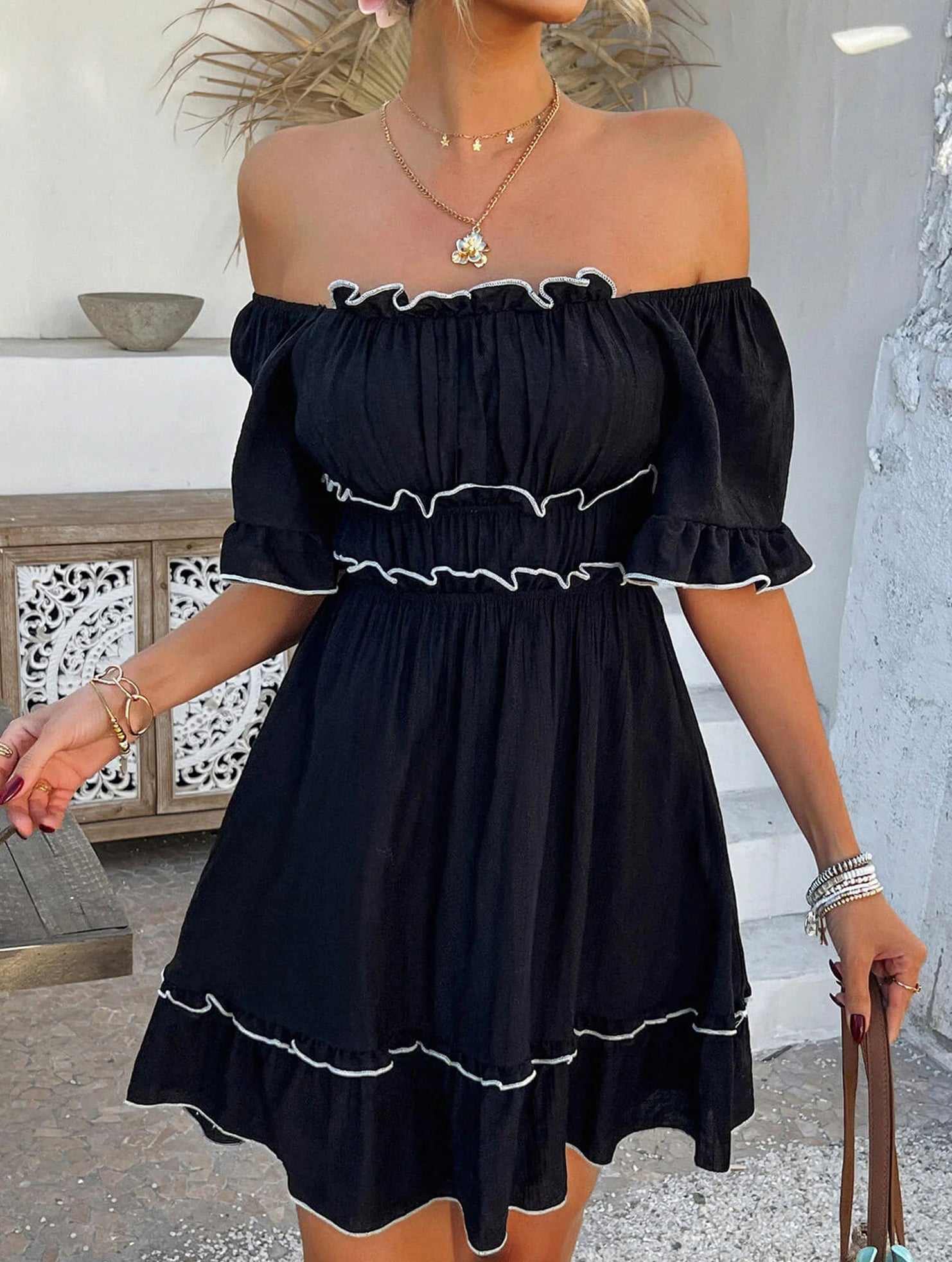 Anna-Berg | French Square Neck Ruffle A-Line Dress