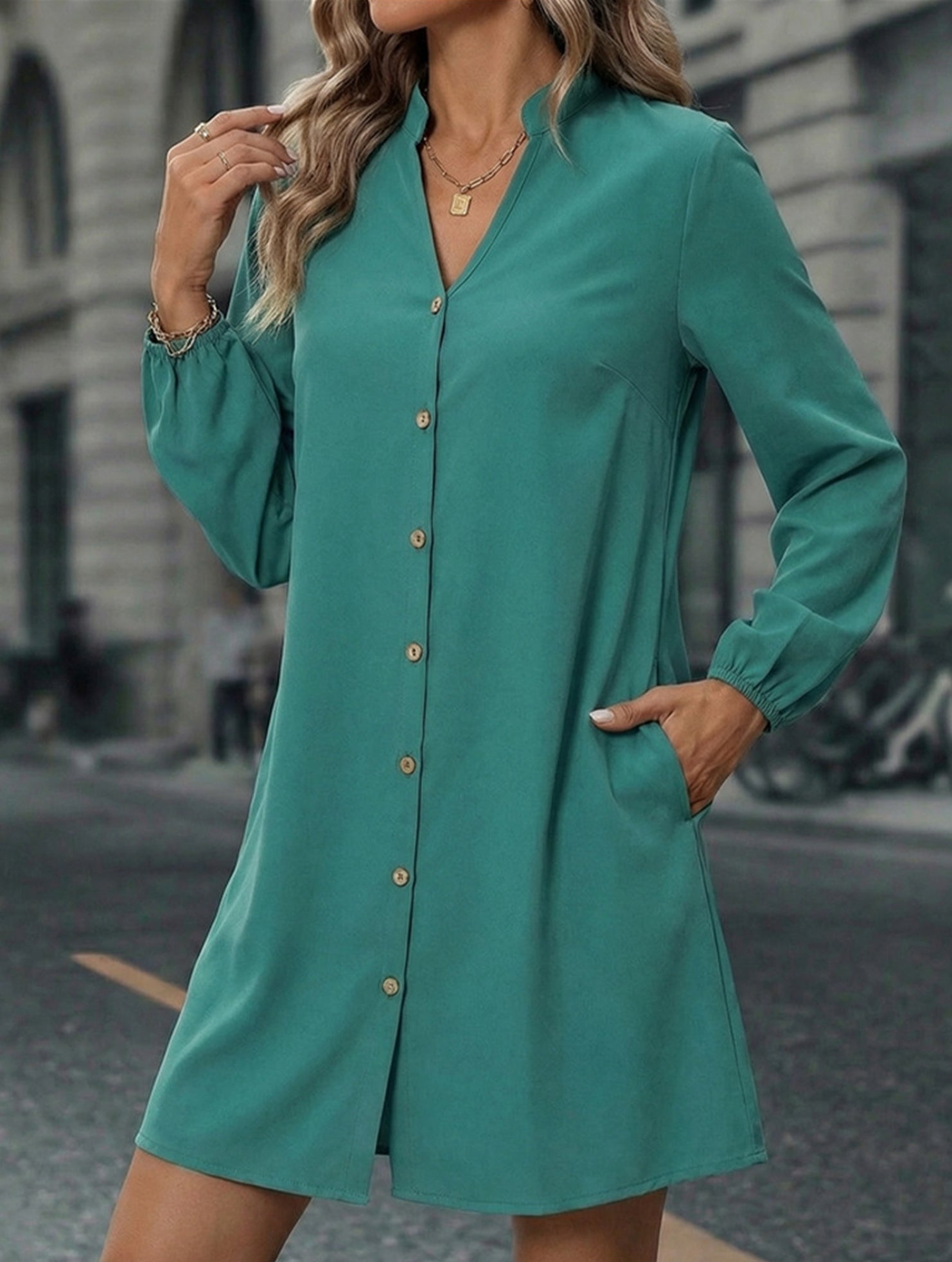 Anna-Berg | Solid Long Sleeve A-Line Dress