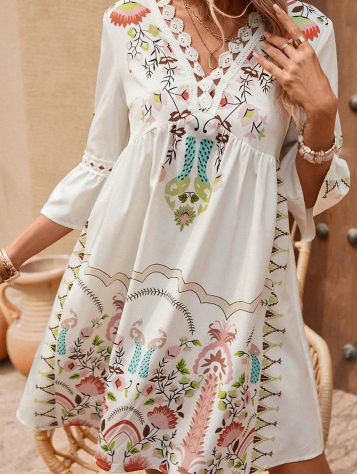 Anna-Berg | V Neck Lace Patch Print Dress