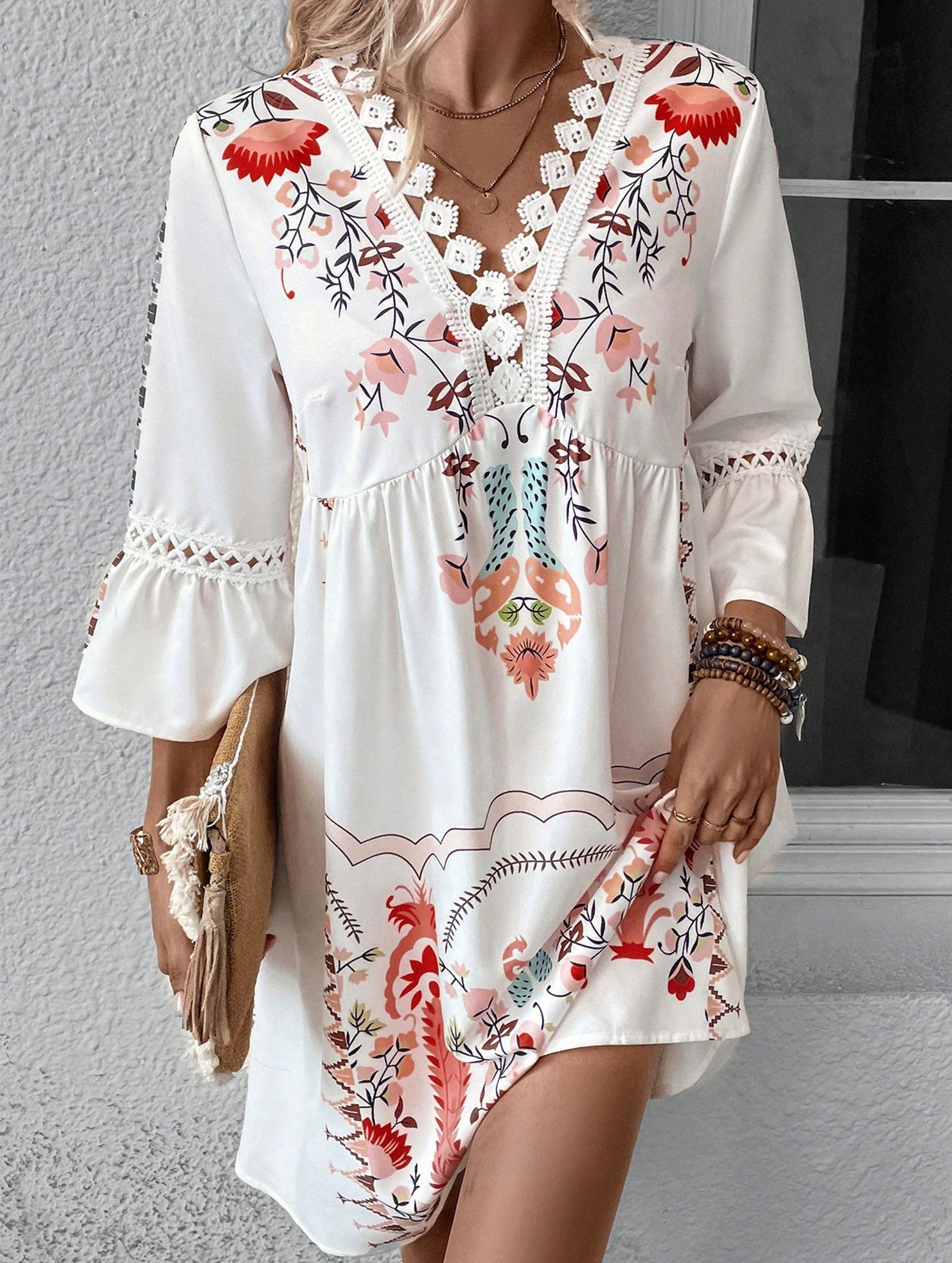 Anna-Berg | V Neck Lace Patch Print Dress