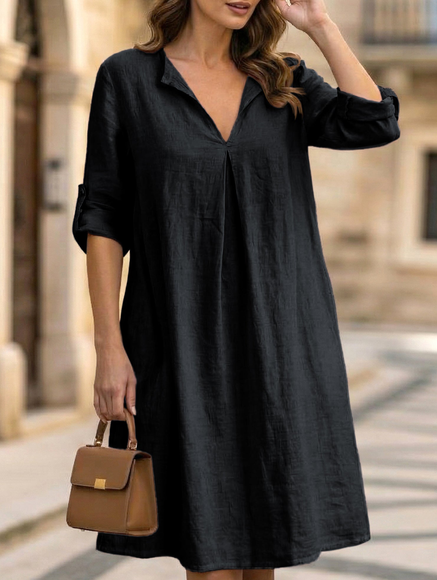 Anna-Berg | Linen V Neck Short Sleeve Dress