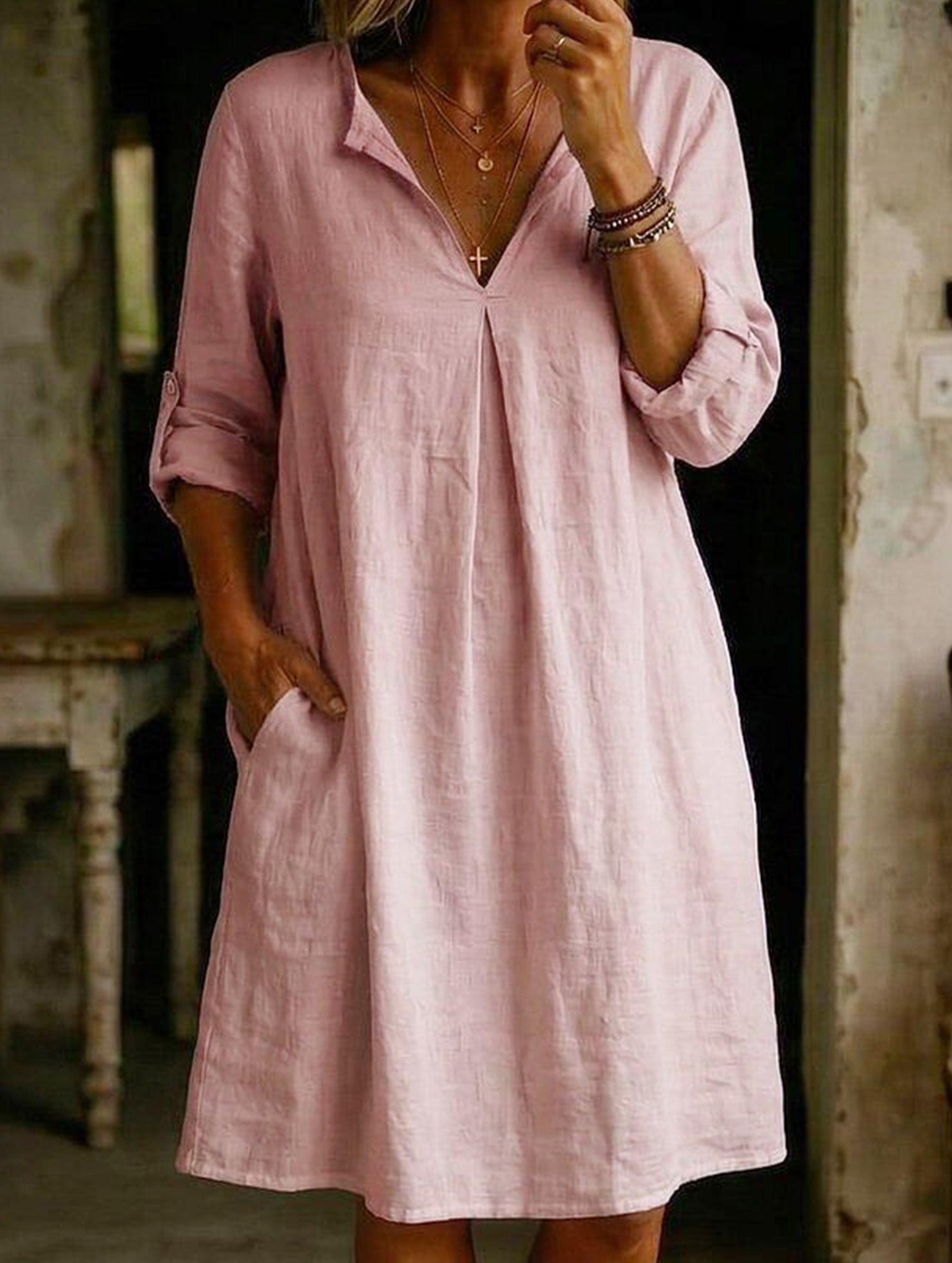 Anna-Berg | Linen V Neck Short Sleeve Dress