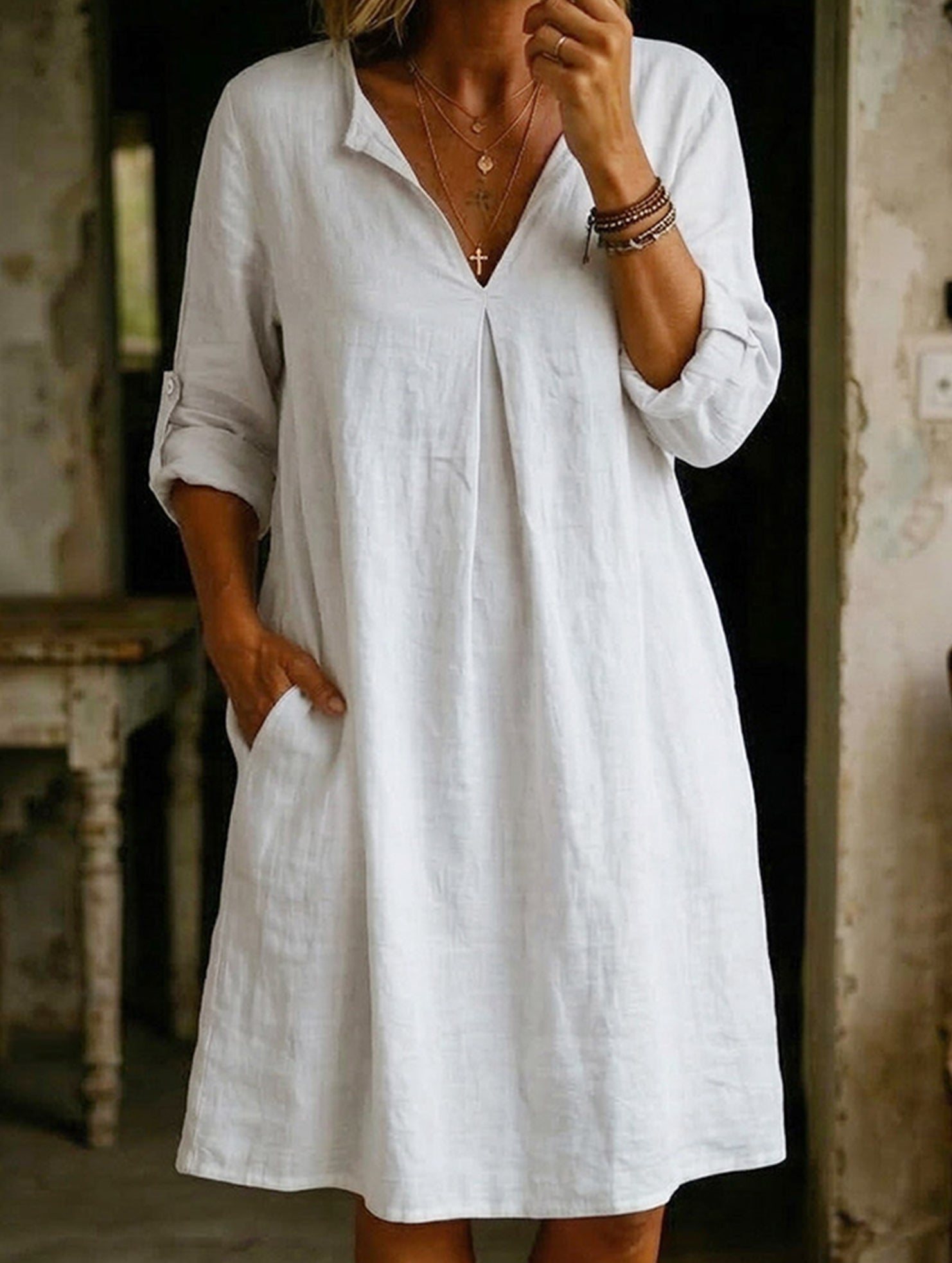 Anna-Berg | Linen V Neck Short Sleeve Dress