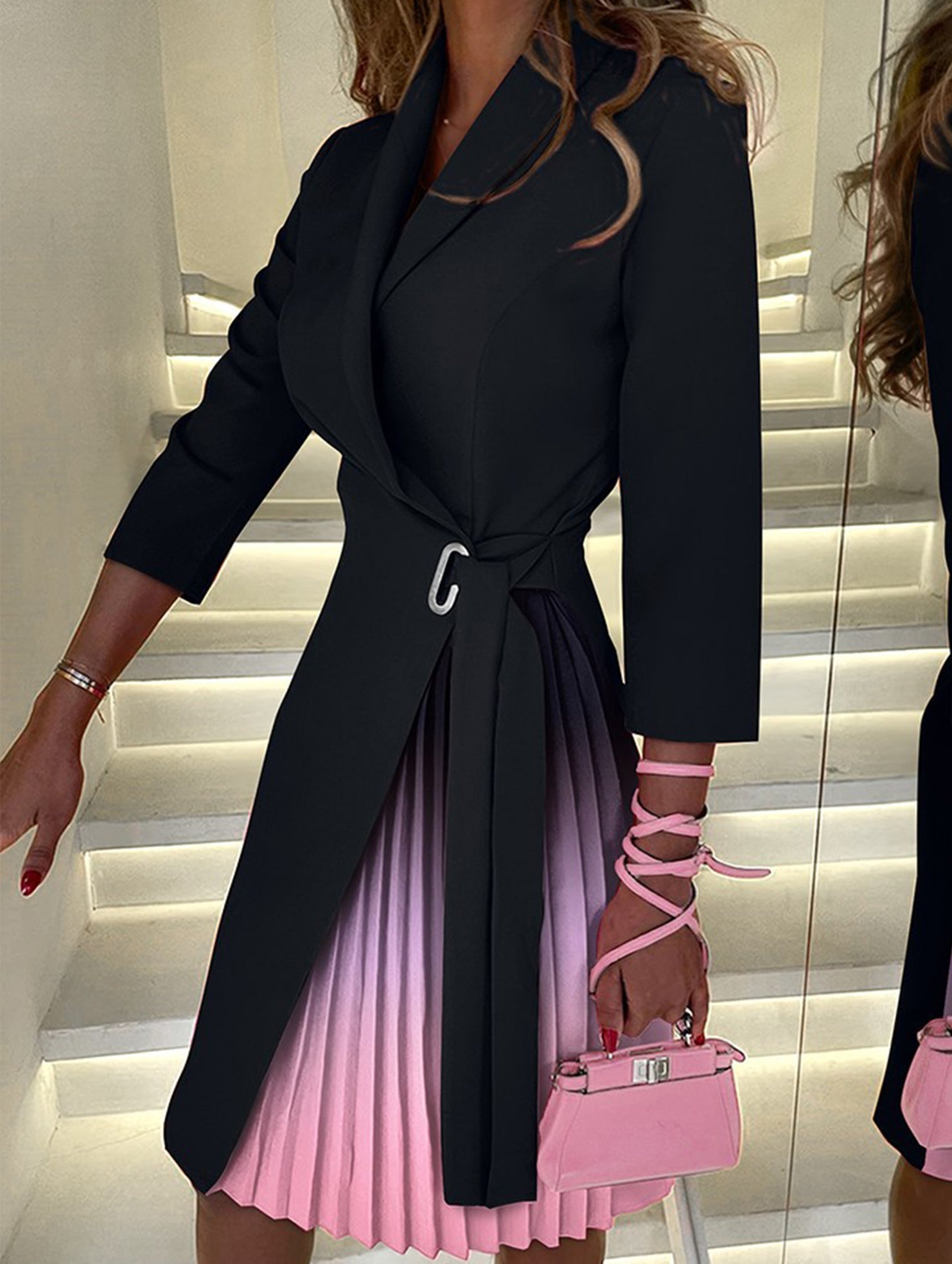 Anna-Berg | V Neck Tie Waist Pleated Dress