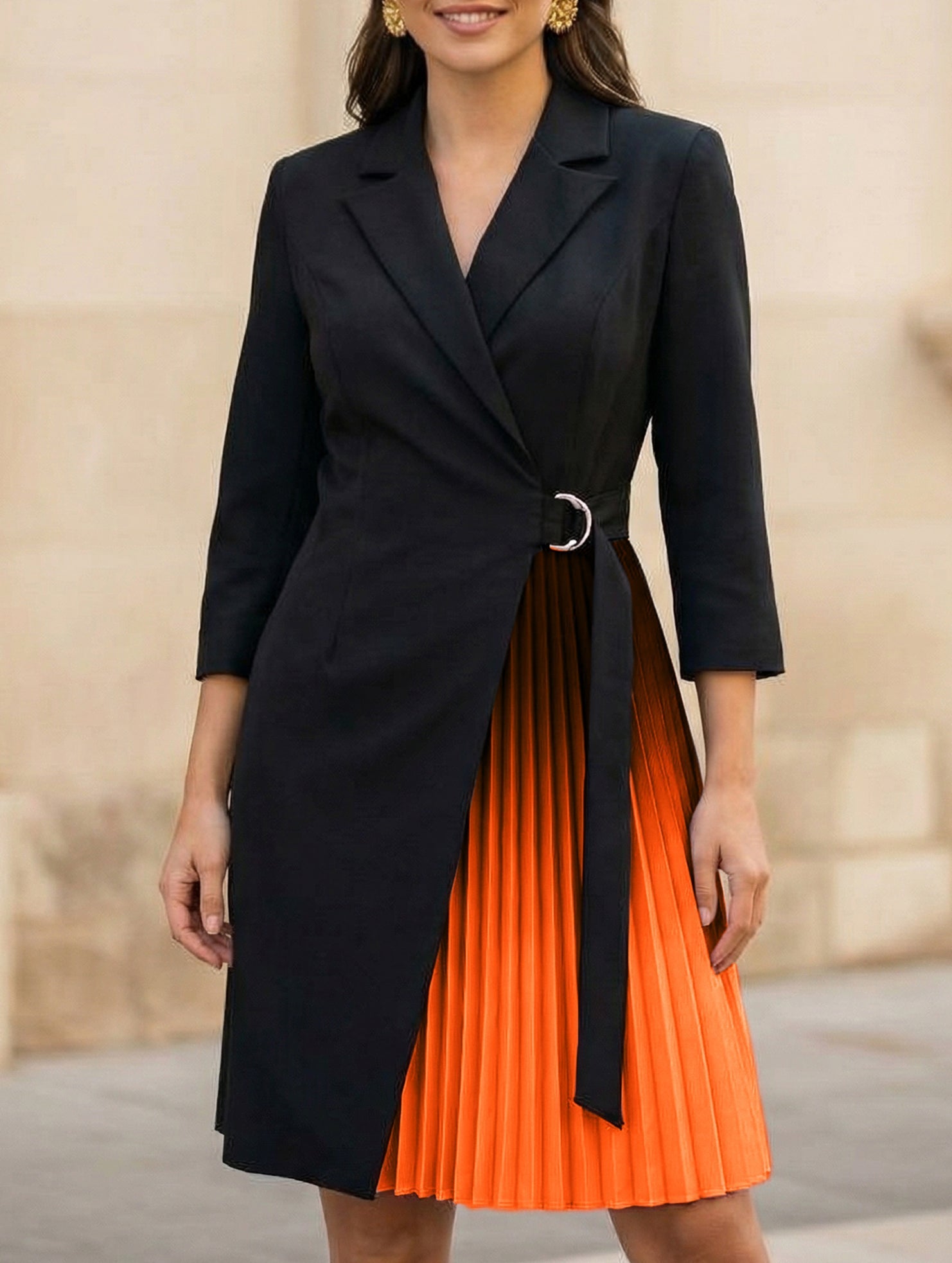 Anna-Berg | V Neck Tie Waist Pleated Dress