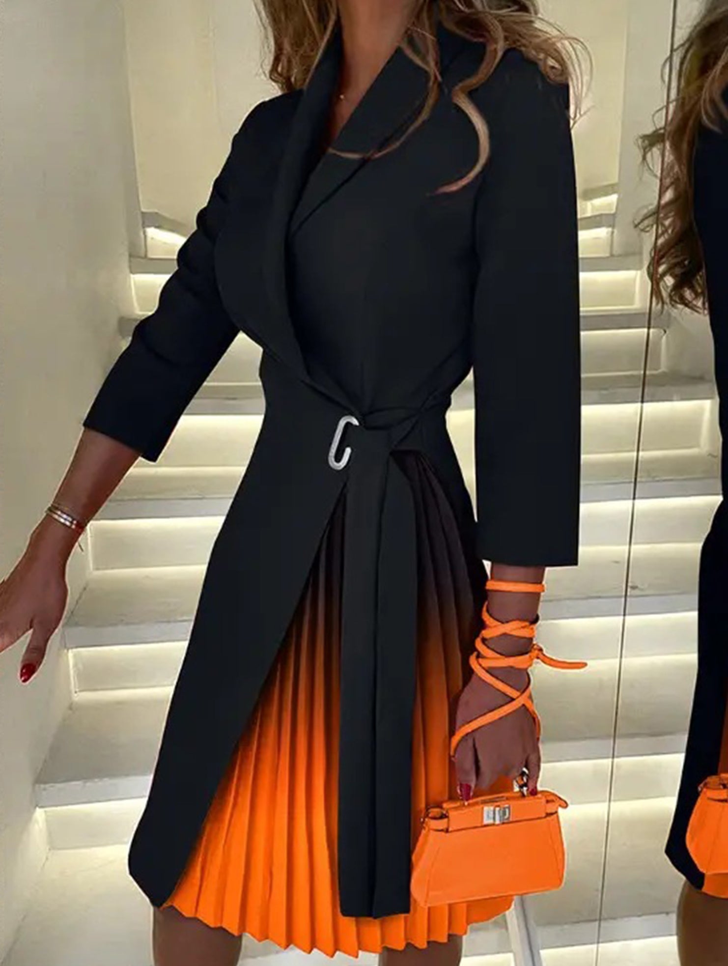 Anna-Berg | V Neck Tie Waist Pleated Dress