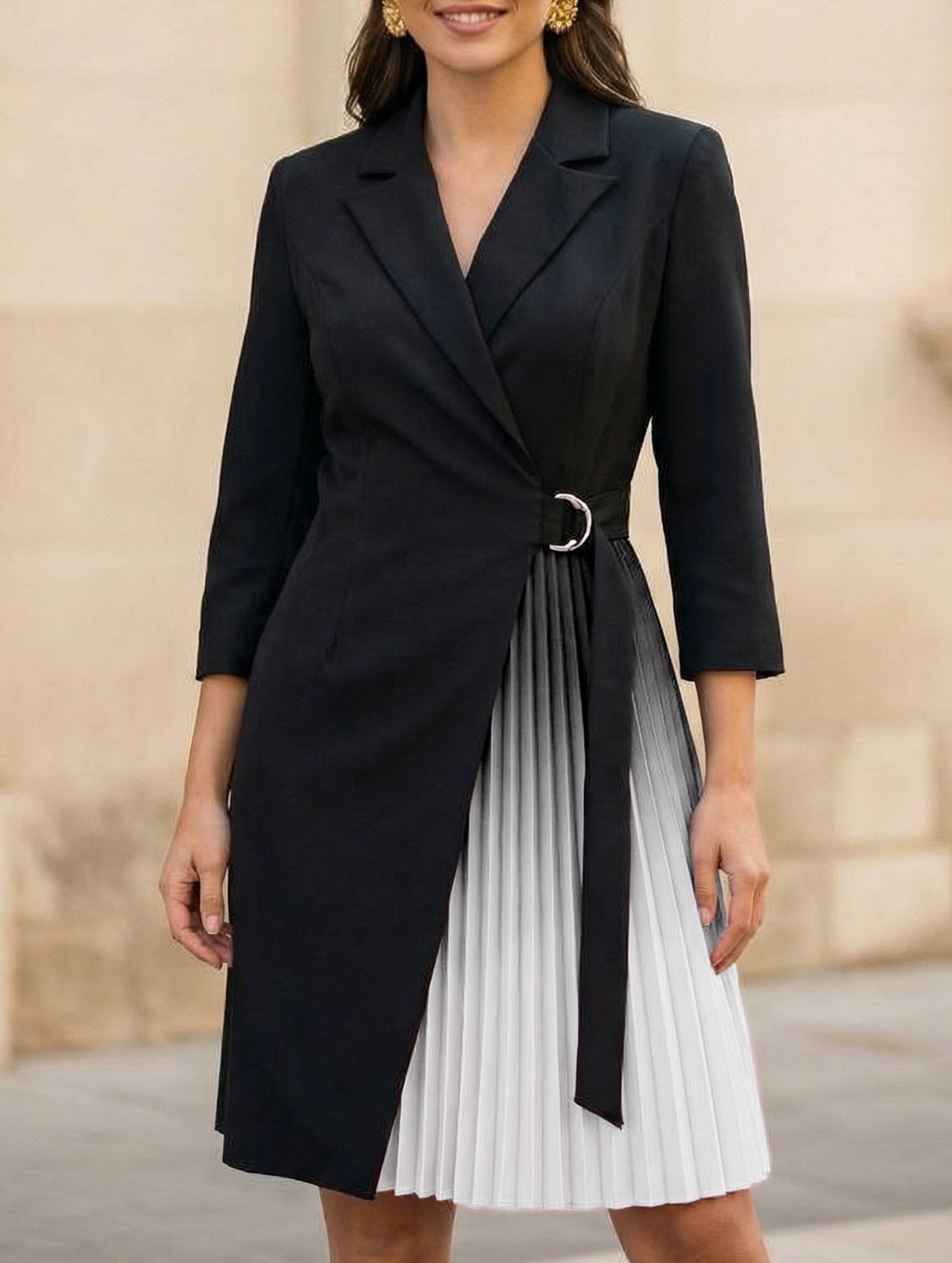Anna-Berg | V Neck Tie Waist Pleated Dress