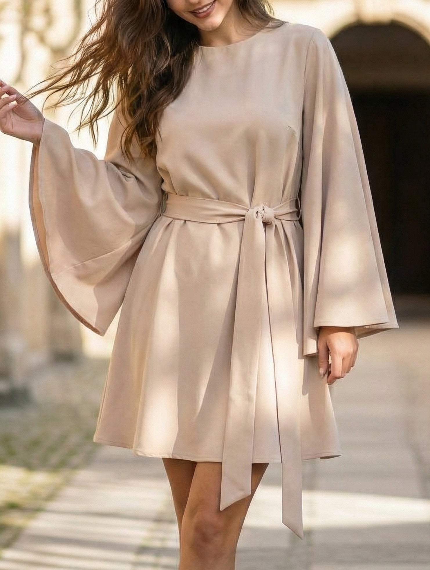 Anna-Berg | Round Neck Flare Sleeve Belted Dress