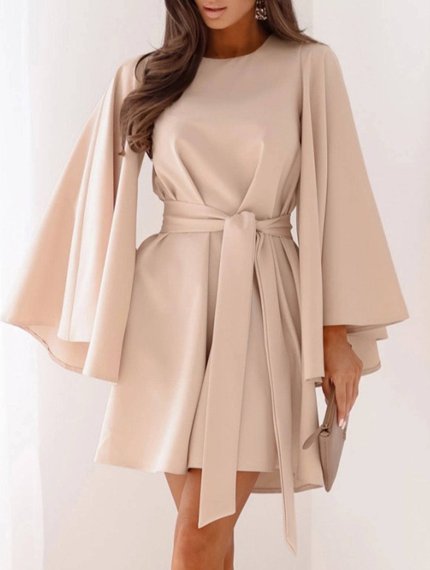 Anna-Berg | Round Neck Flare Sleeve Belted Dress