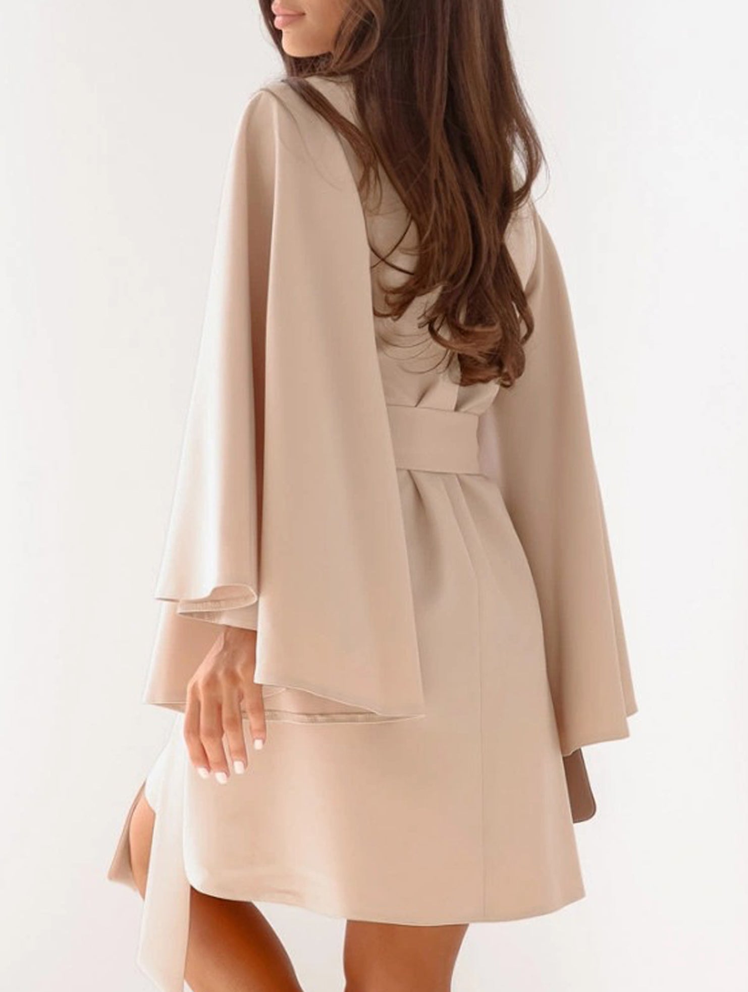 Anna-Berg | Round Neck Flare Sleeve Belted Dress