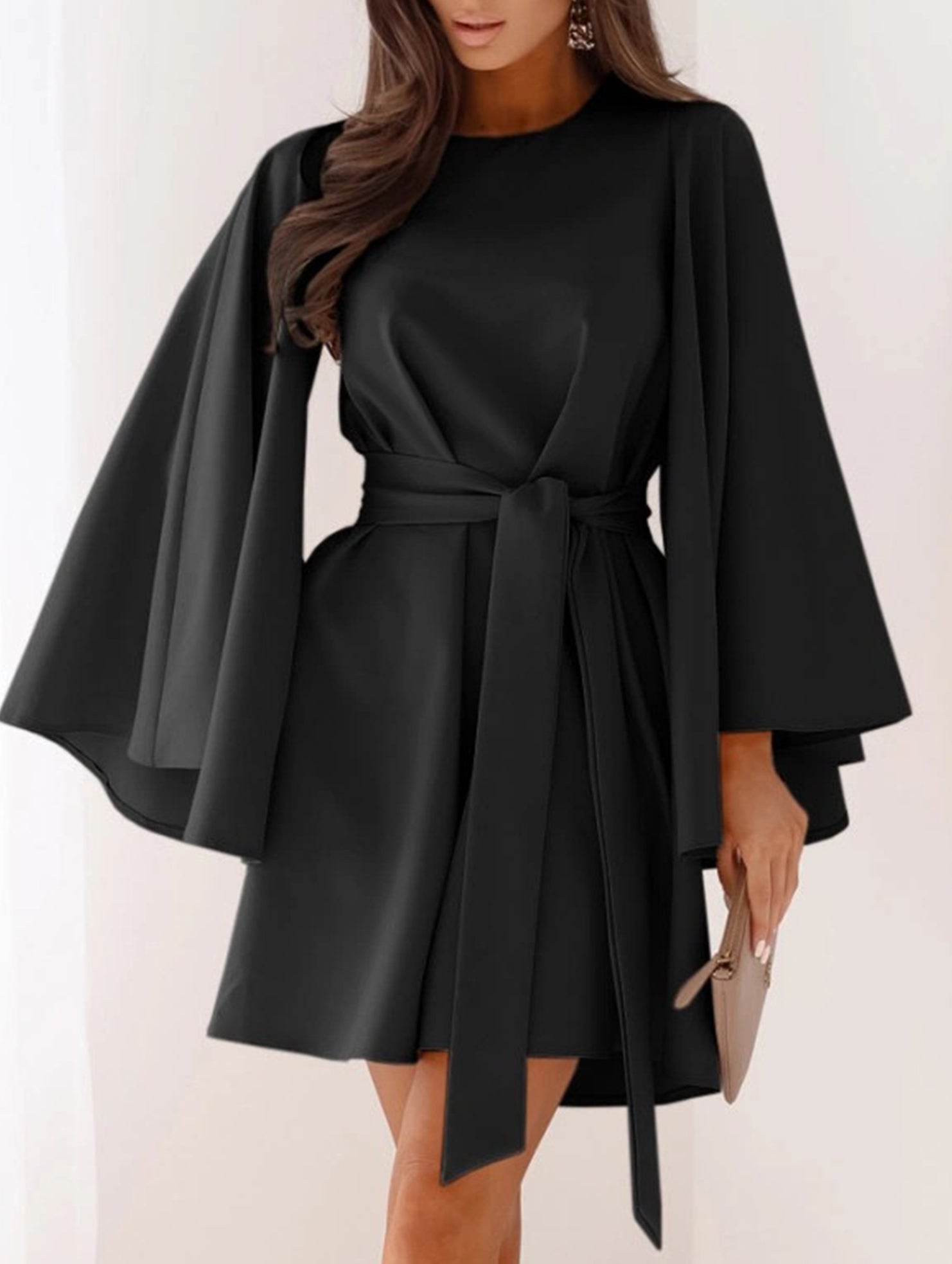 Anna-Berg | Round Neck Flare Sleeve Belted Dress