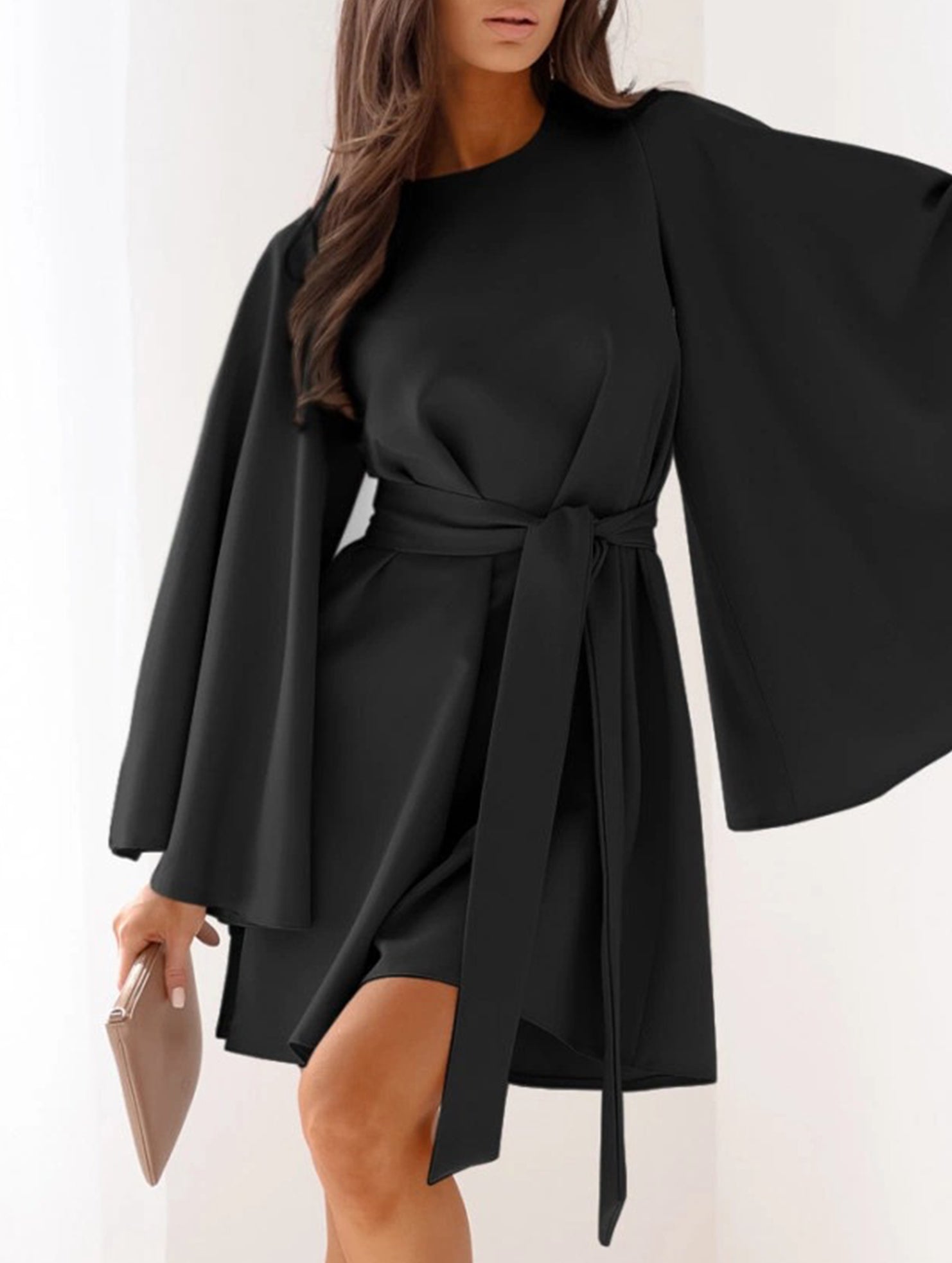 Anna-Berg | Round Neck Flare Sleeve Belted Dress