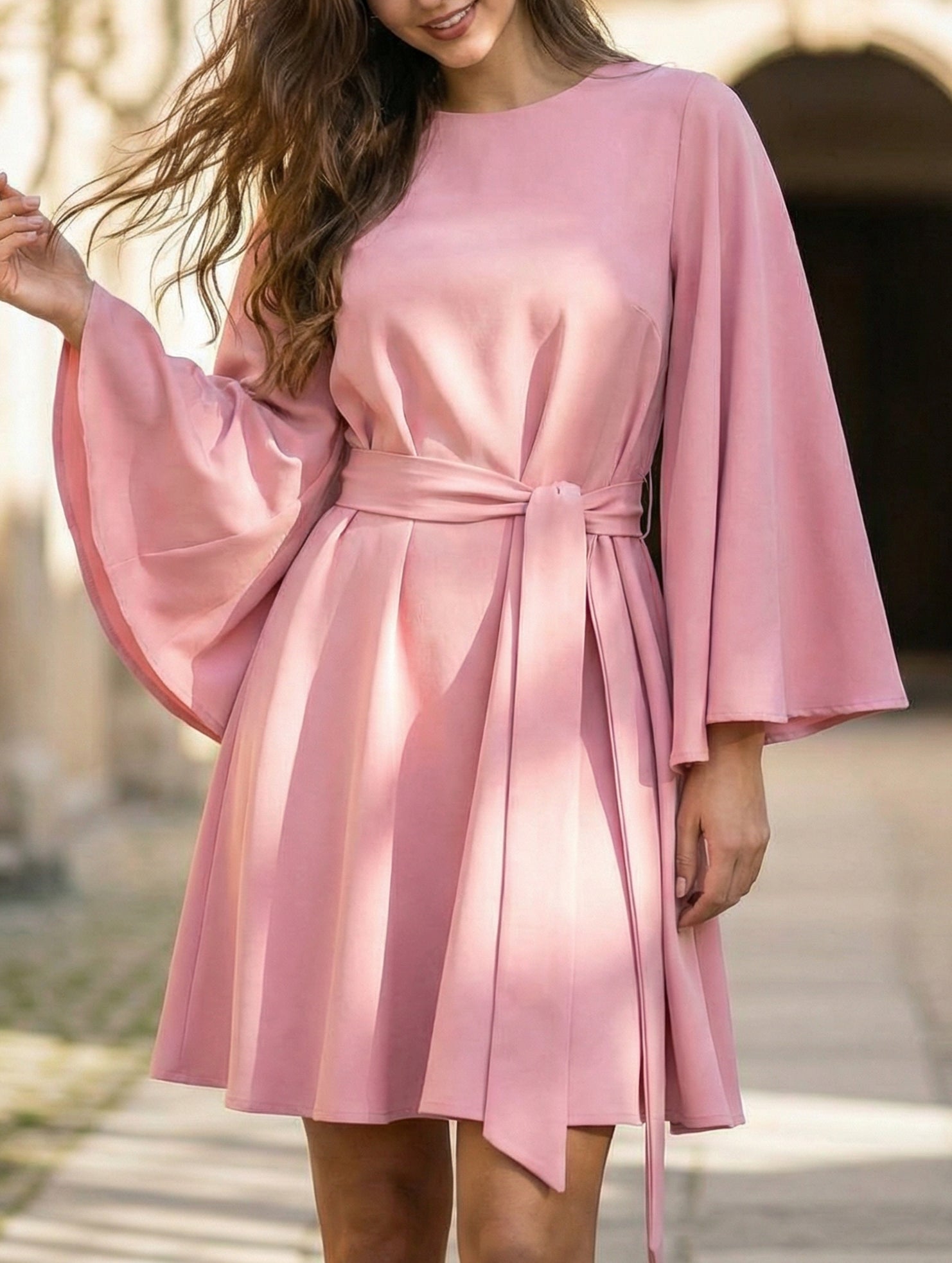 Anna-Berg | Round Neck Flare Sleeve Belted Dress