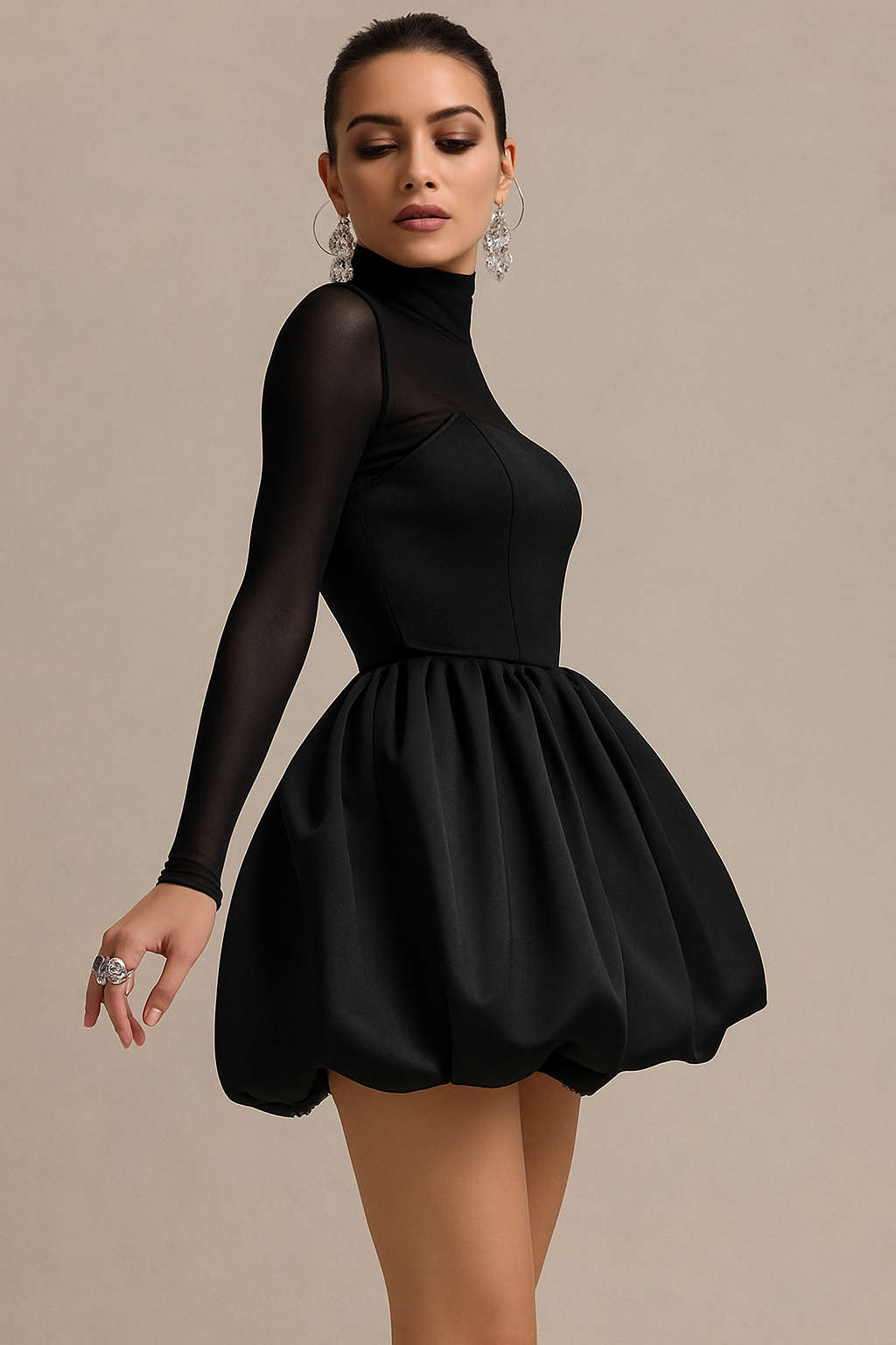 Anna-Berg | Feminine High Neck Long Sleeve Mini Dress With Sculpted Puff Skirt