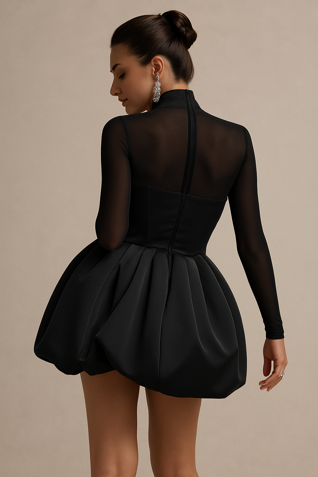 Anna-Berg | Feminine High Neck Long Sleeve Mini Dress With Sculpted Puff Skirt