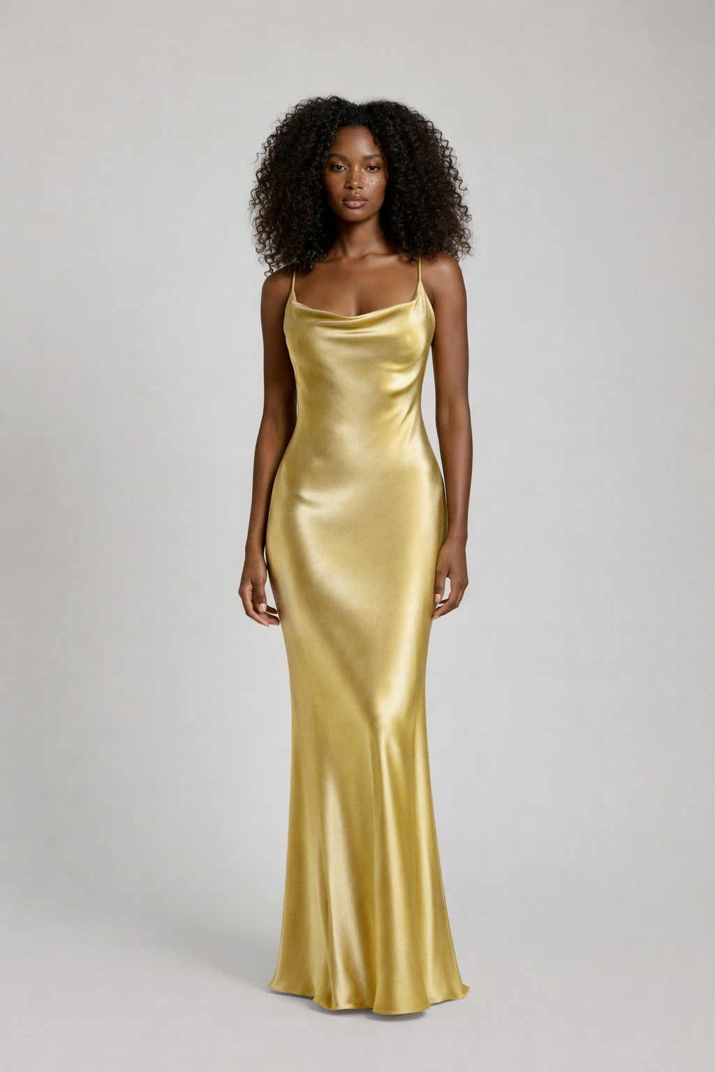 Anna-Berg | Gold Satin Cowl Neck Spaghetti Dress