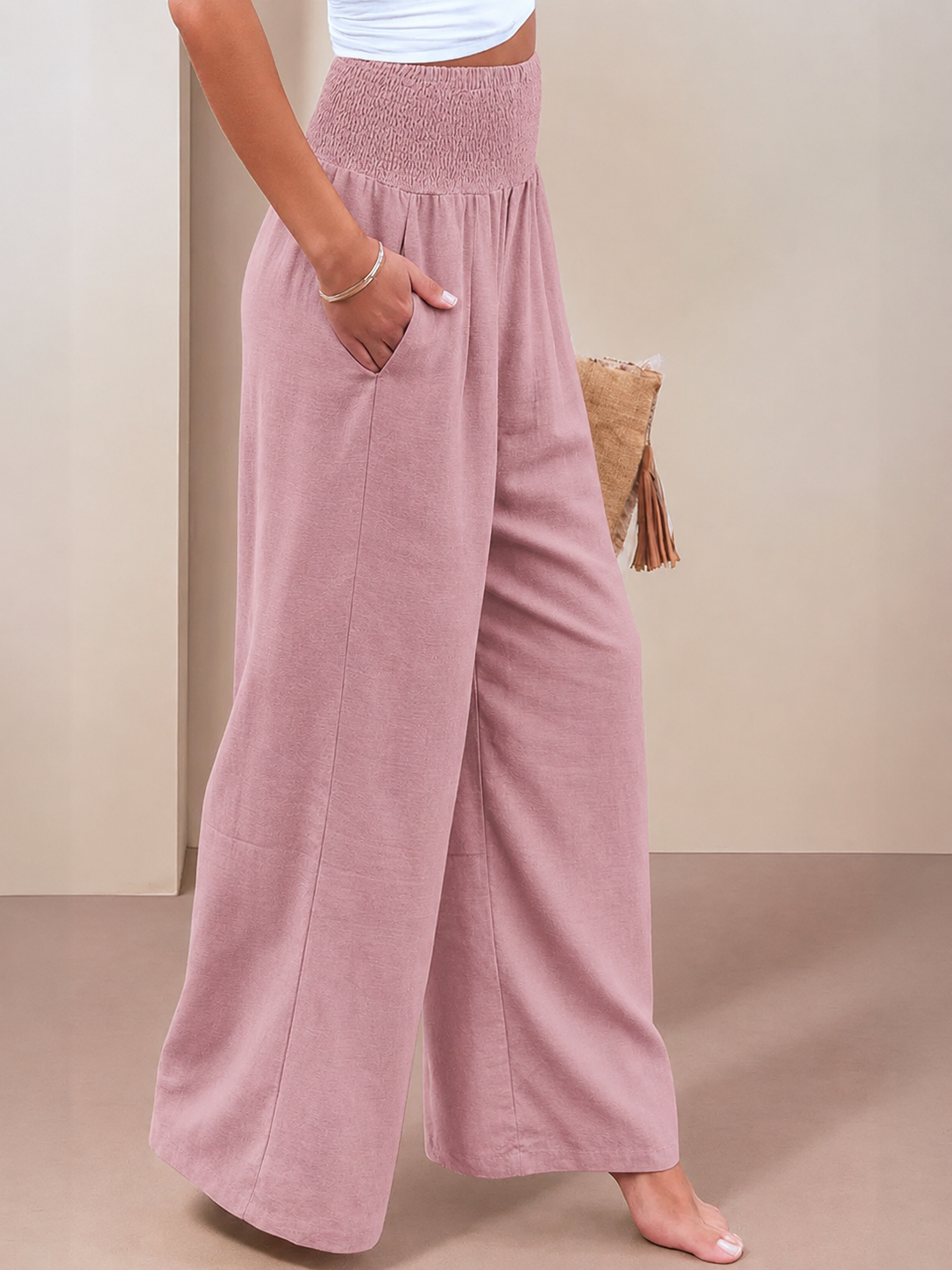 Anna-Berg | Statement High Waist Wide Leg Pants Smocked Waistband