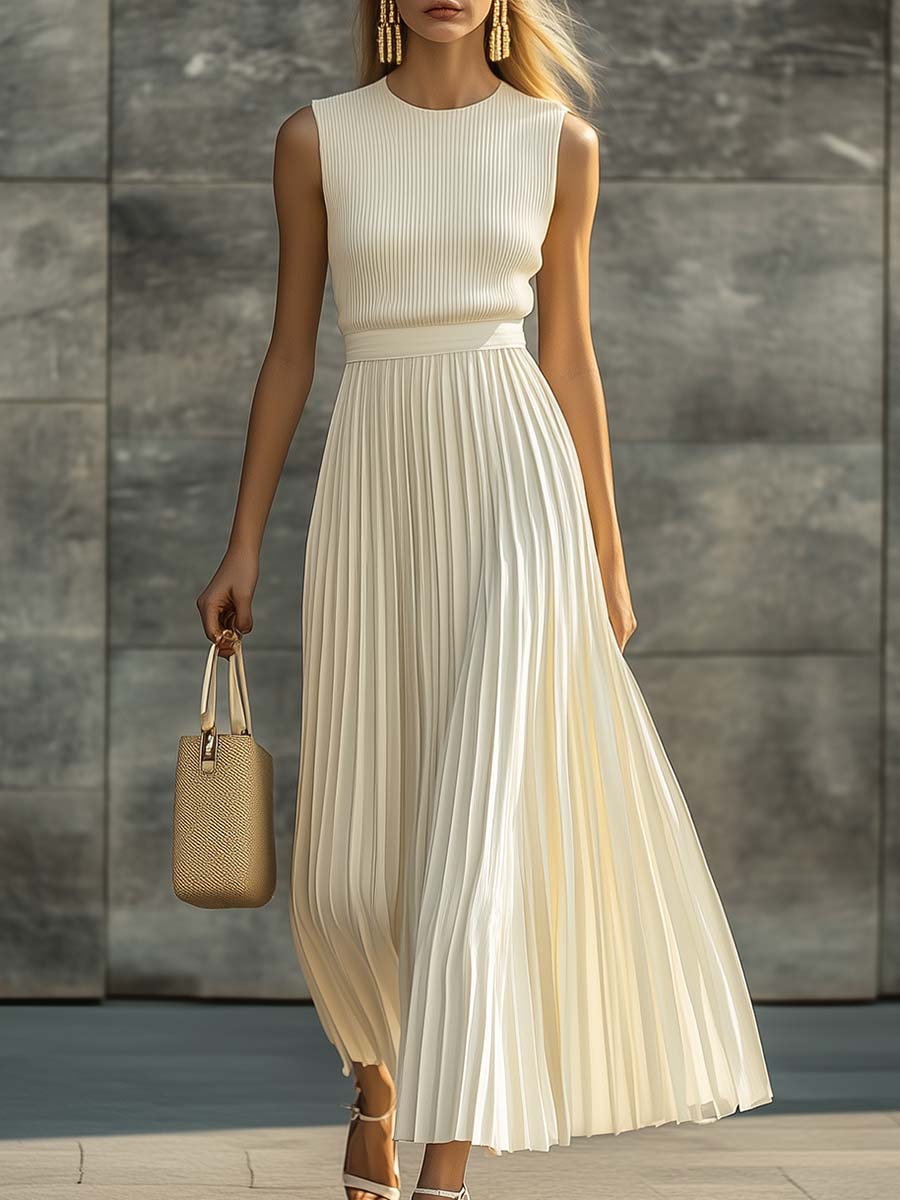 Anna-Berg | Cream Chiffon Pleated Casual Dress