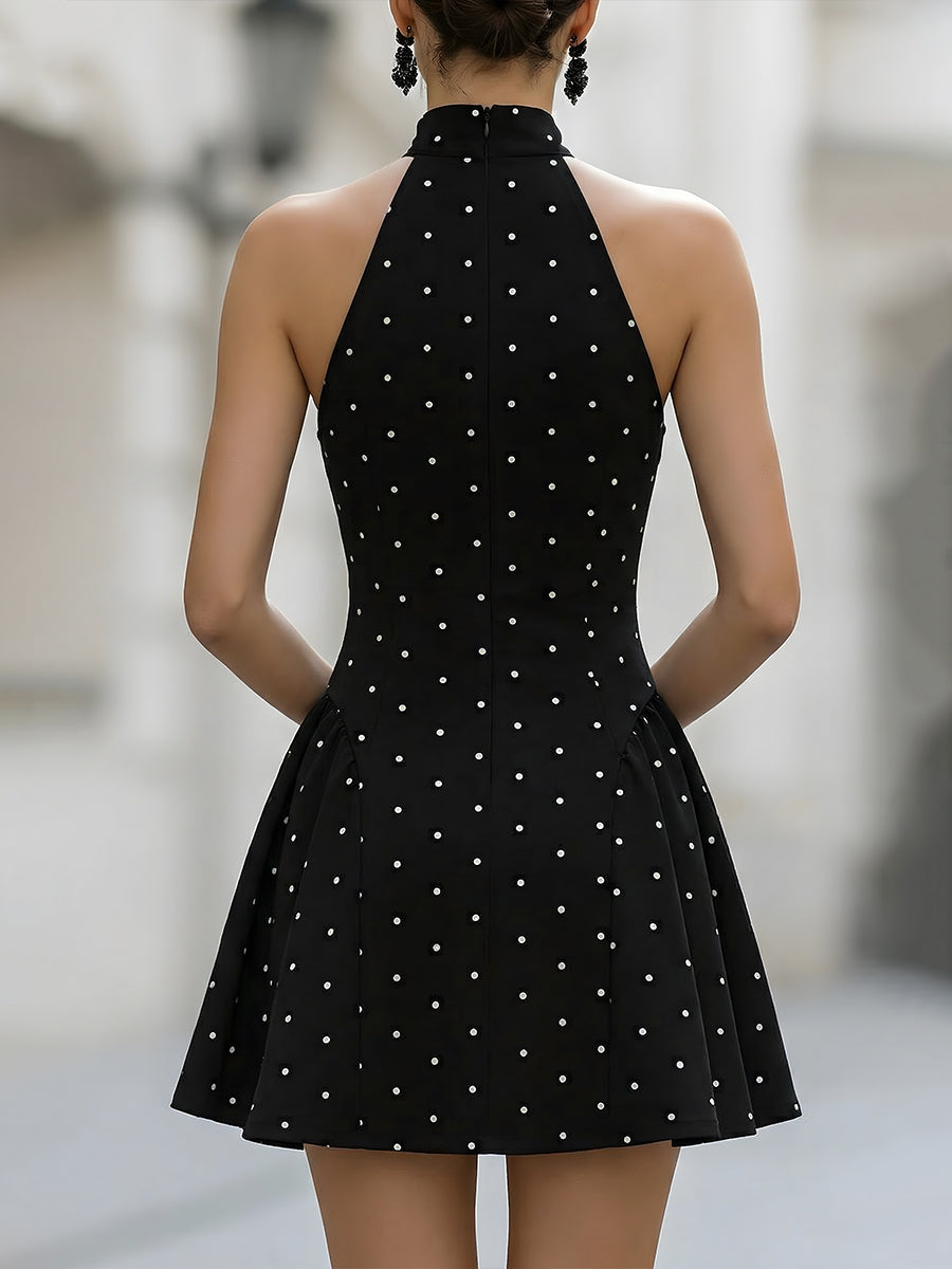Anna-Berg | Elegant Polka Dot Halter Neck Sleeveless Flared Mini Dress