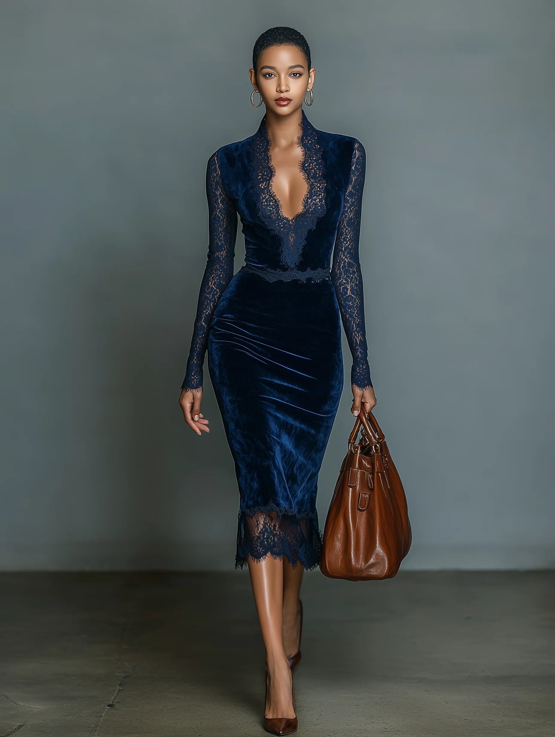 Anna-Berg | Dark Blue Velvet V-Neck Evening Dress