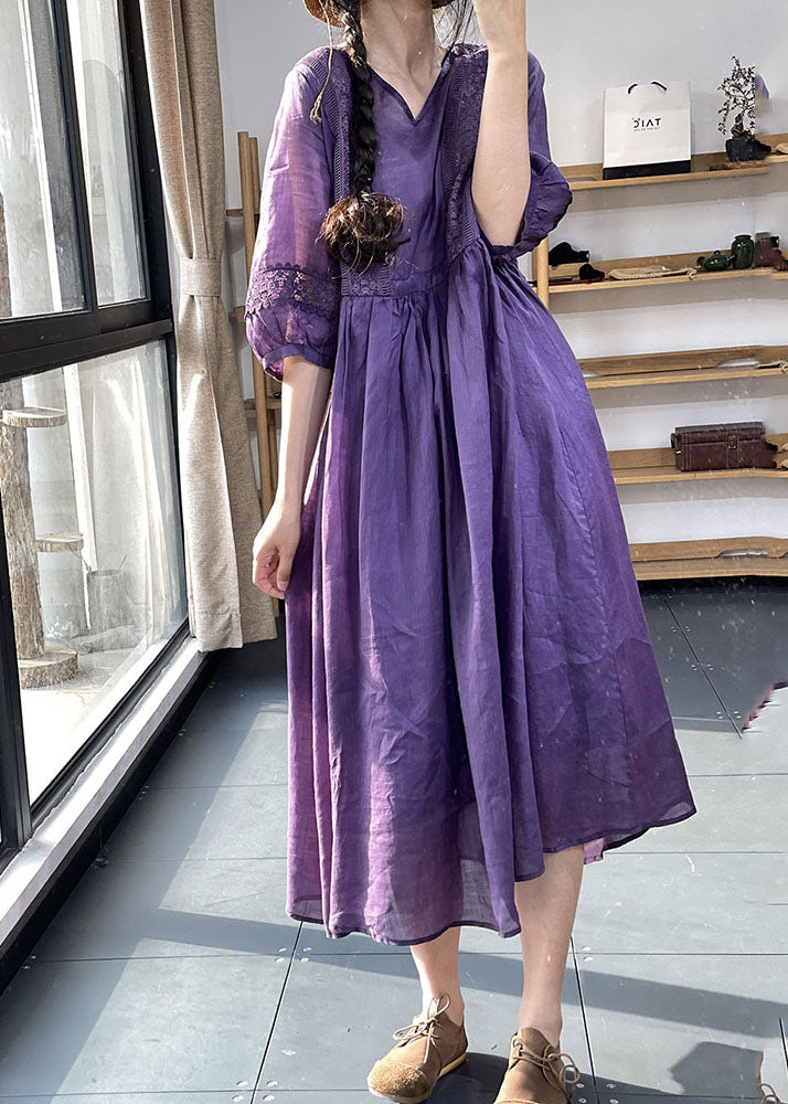 Anna-Berg | Purple Neck Lace Patchwork Cotton Dress