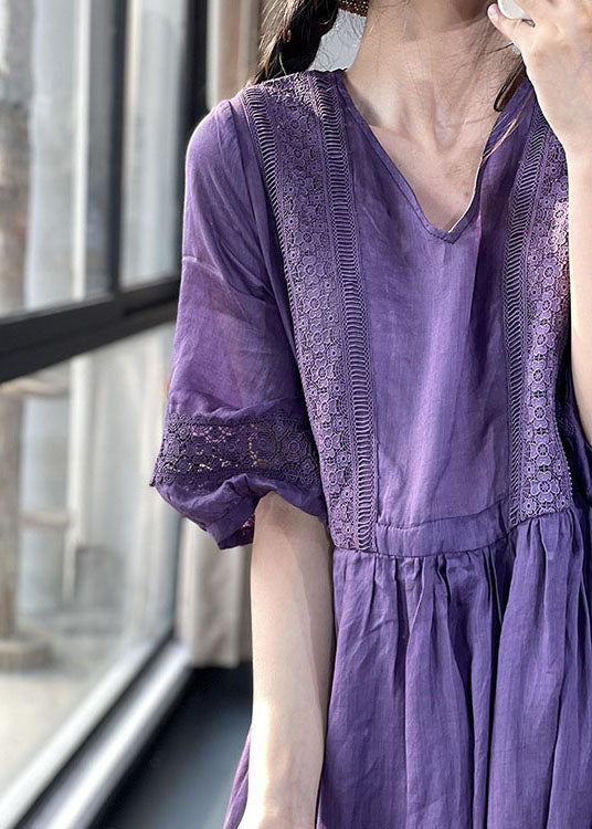 Anna-Berg | Purple Neck Lace Patchwork Cotton Dress