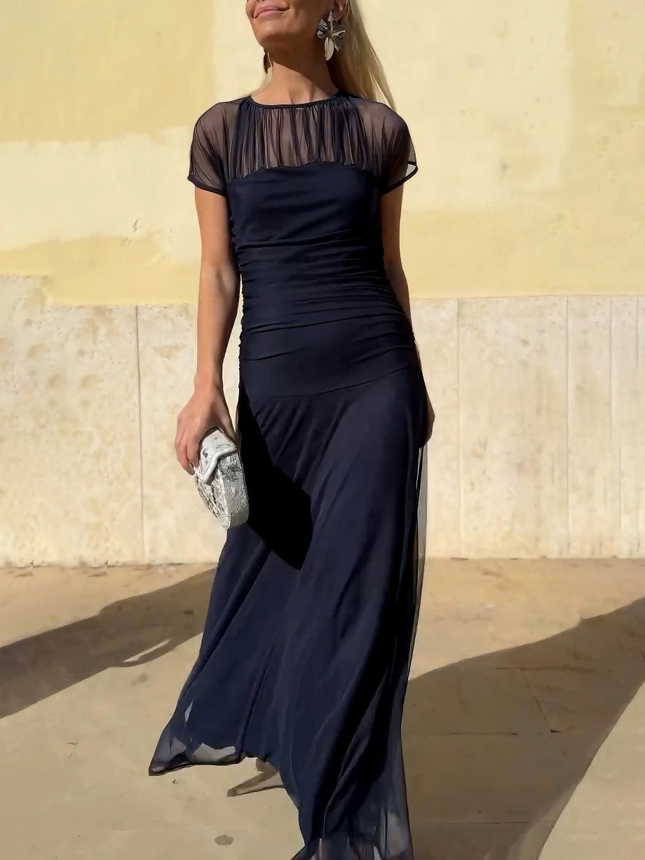 Anna-Berg | Elegant Mesh Pleated Wide-Leg Hip-Hugging Dress