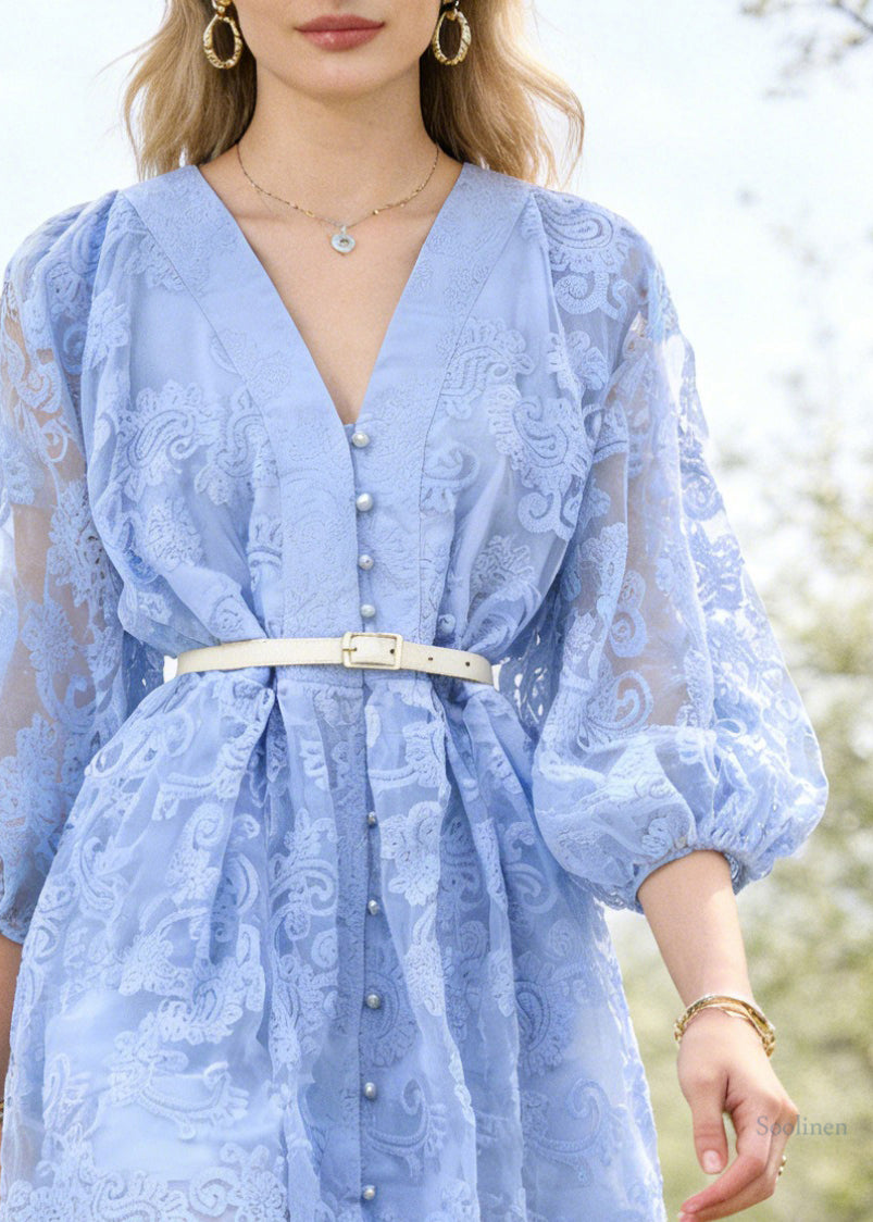 Anna-Berg | Elegant Blue Embroidered Sashes Cotton Dress
