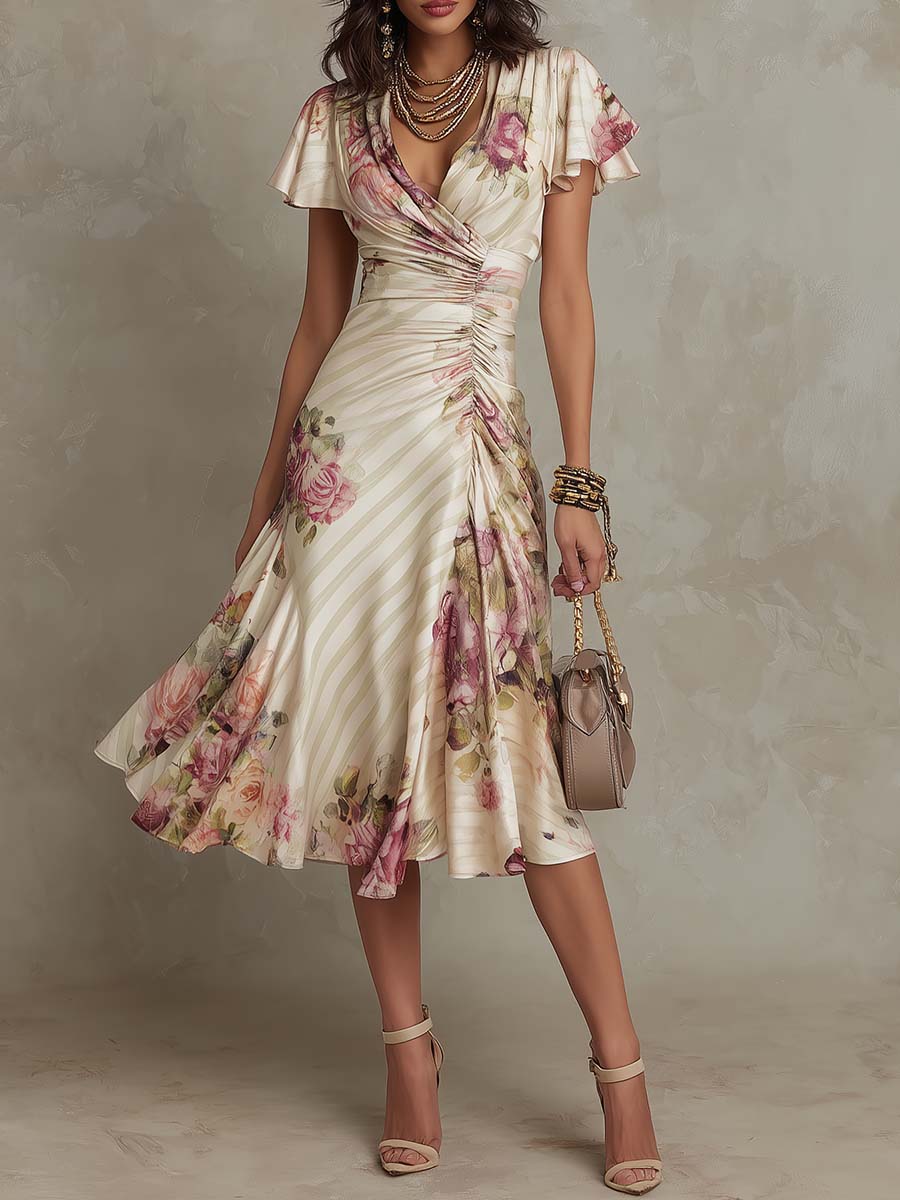Anna-Berg | Elegant Floral Ruched Wrap Midi Dress