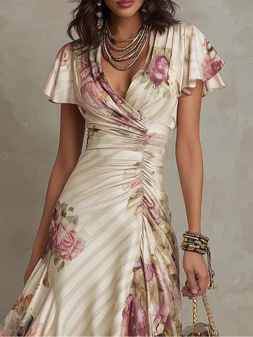 Anna-Berg | Elegant Floral Ruched Wrap Midi Dress