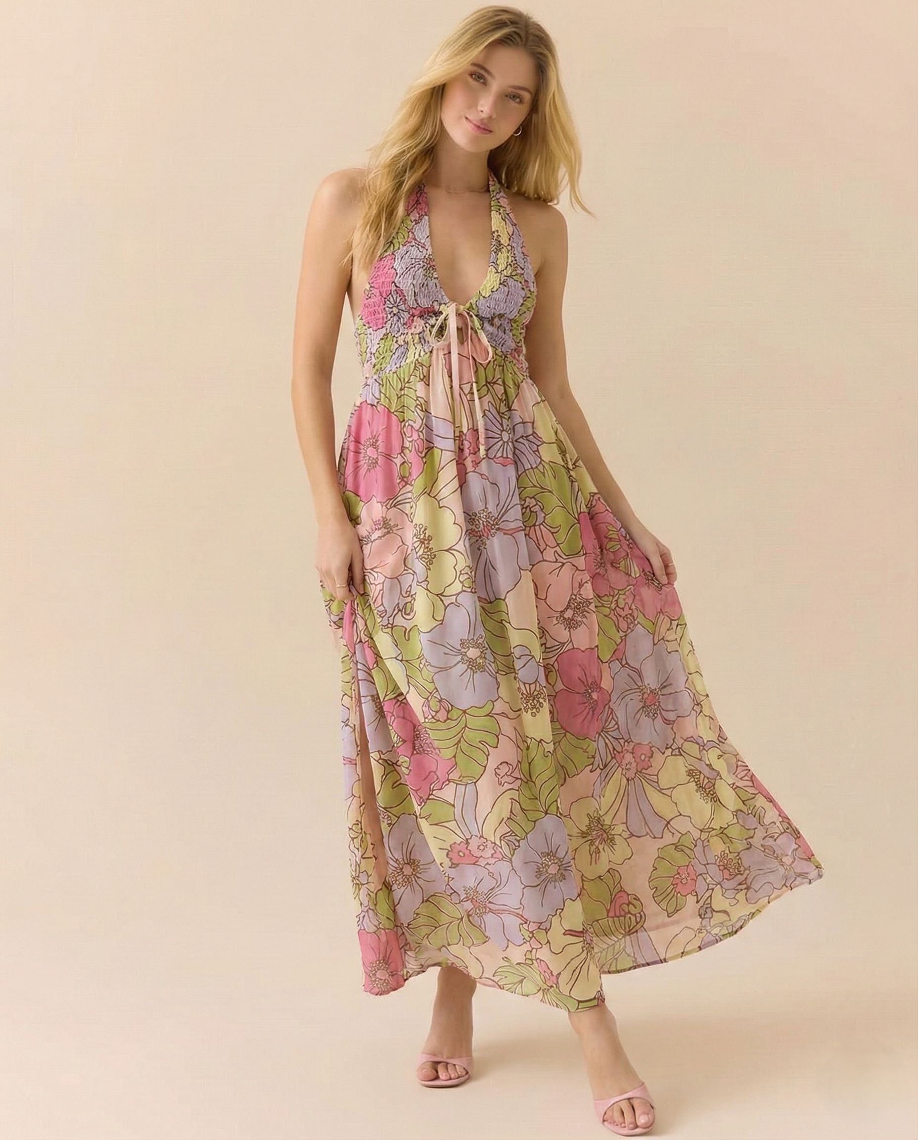 Anna-Berg | Floral Halter-Neck Maxi Lightweight Dress