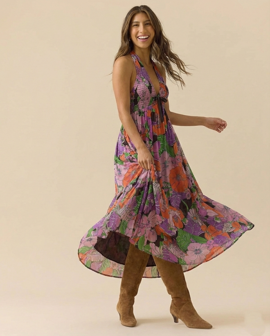 Anna-Berg | Floral Halter-Neck Maxi Lightweight Dress