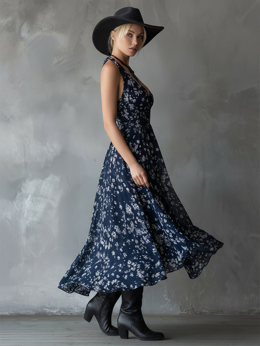 Anna-Berg | Navy Blue Chiffon Floral Dress