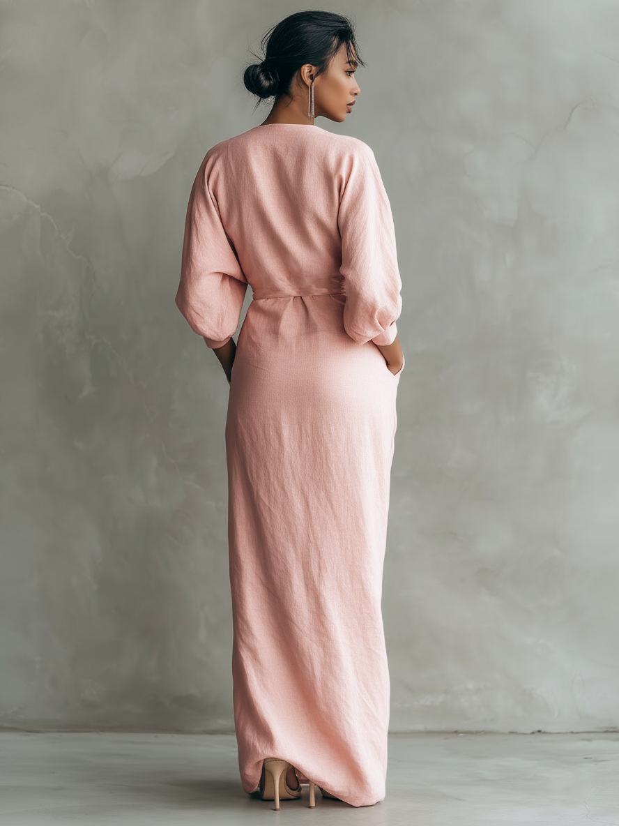 Anna-Berg | Sculpted Pink Linen Blend V-Neck Maxi Dress