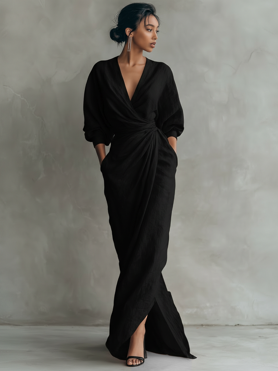 Anna-Berg | Sculpted Pink Linen Blend V-Neck Maxi Dress