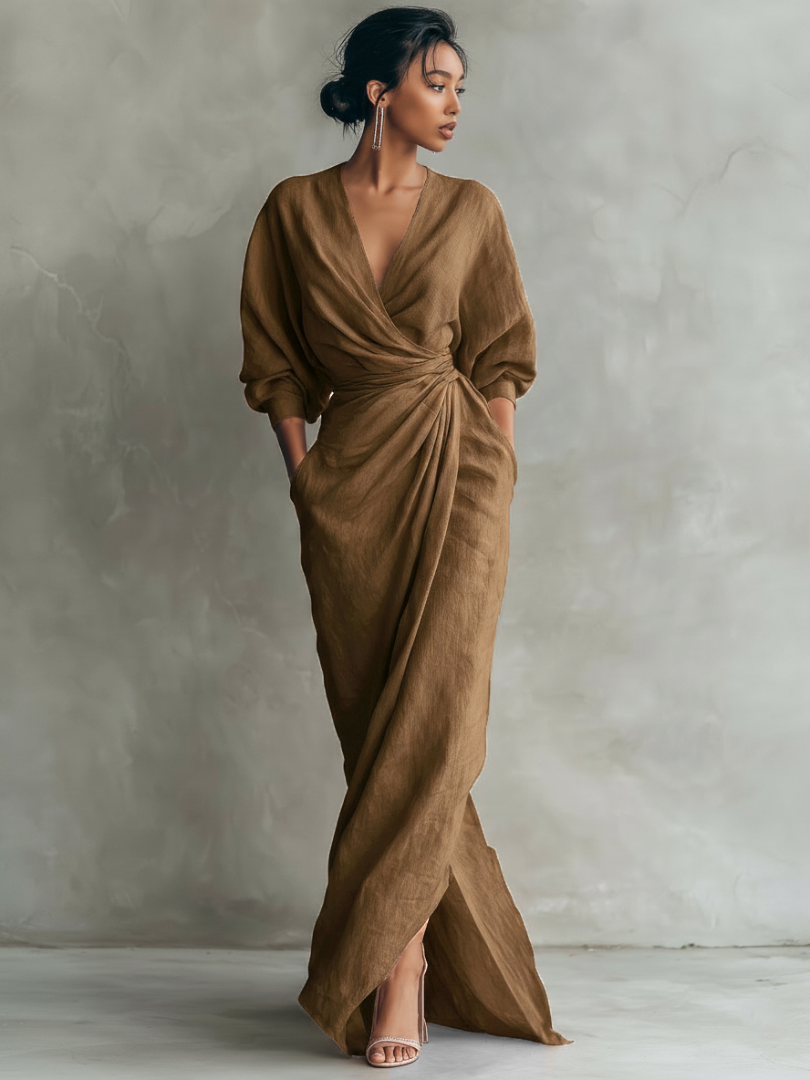 Anna-Berg | Pink Minimalist V-Neck Linen Blend Dress