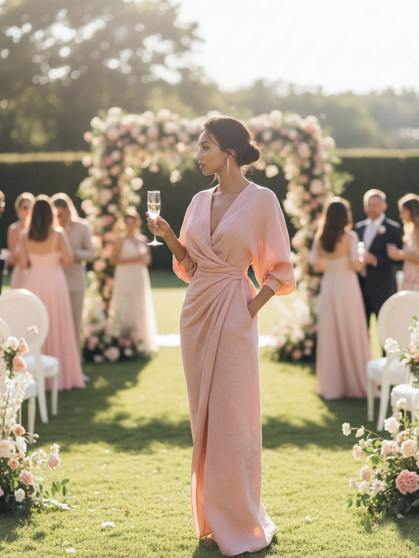 Anna-Berg | Pink Minimalist V-Neck Linen Blend Dress