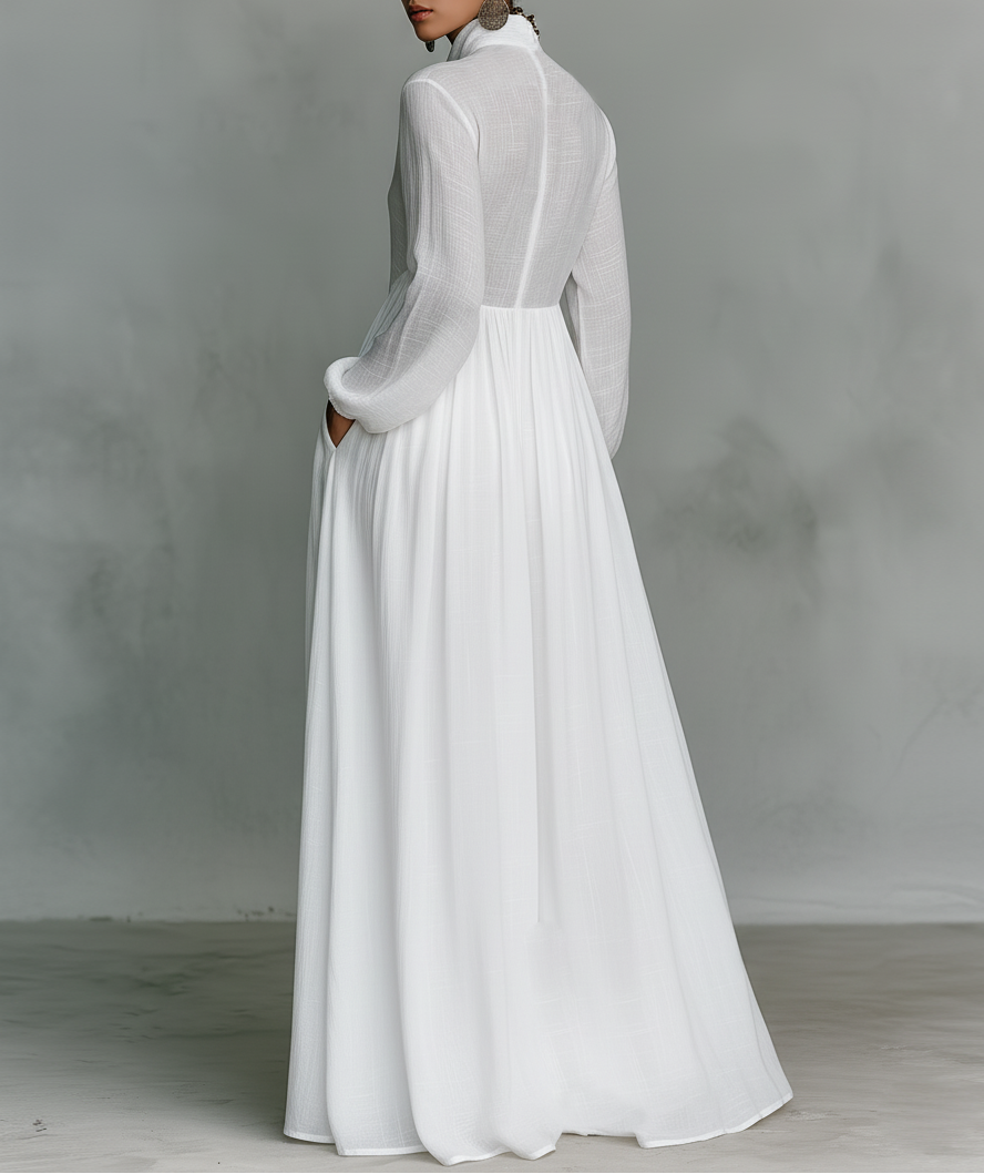 Anna-Berg | Stand Collar Button Long Sleeve Dress