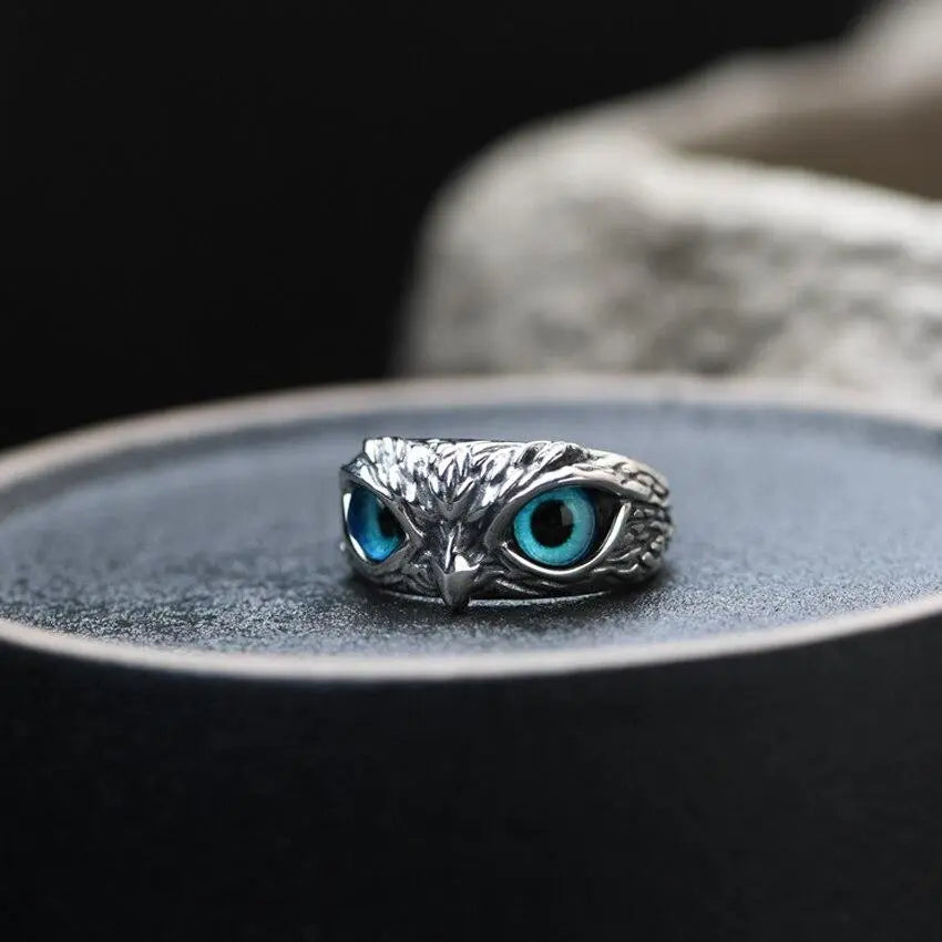 Owl of Happiness adjustable ring in silver and opal