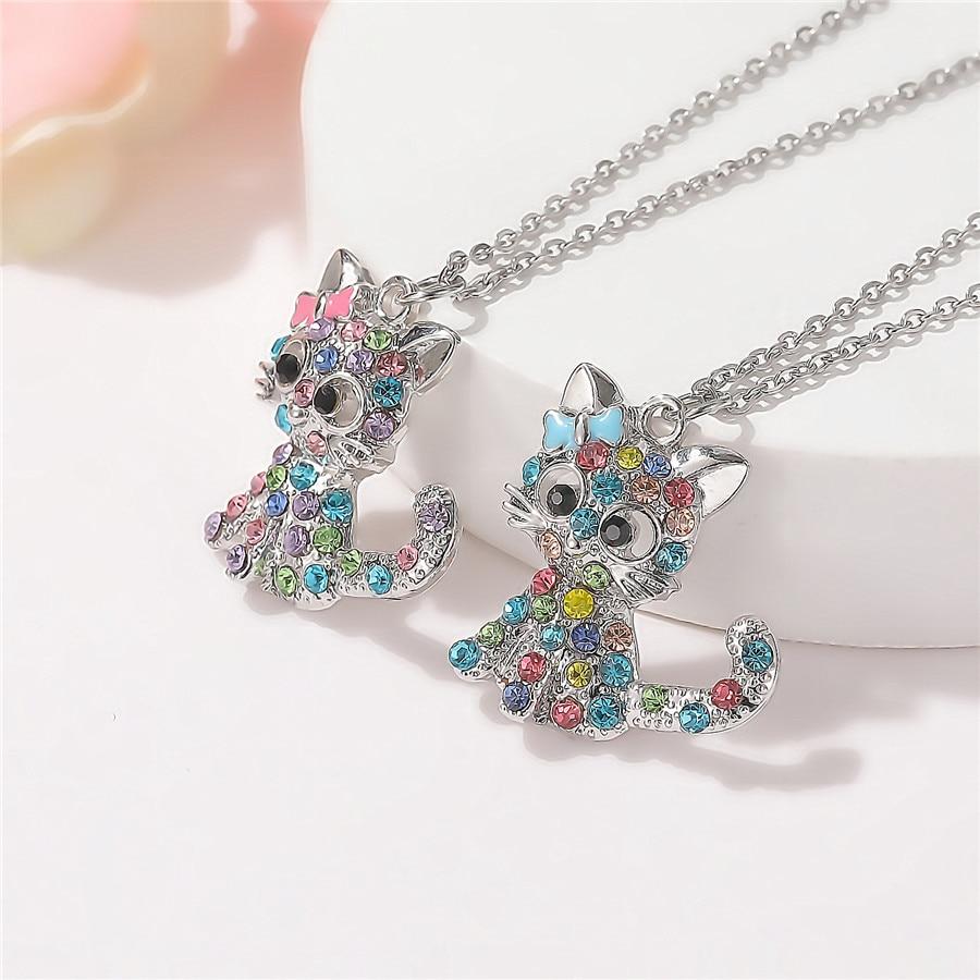 Silver Baby Kittens and Colored Zirconia Necklace