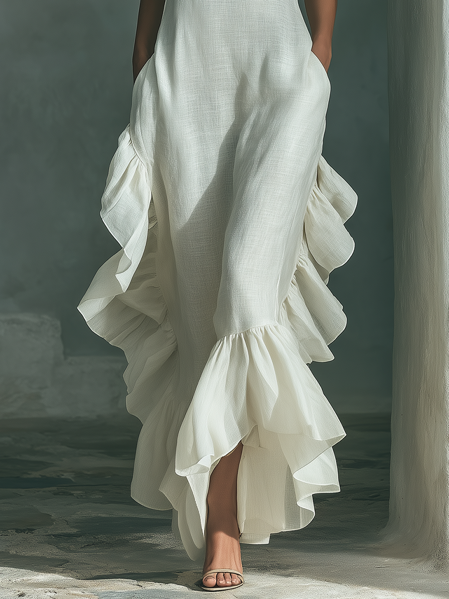 Anna-Berg | Ivory Linen Ruffle Dress