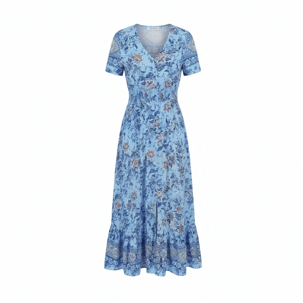 Anna-Berg | Elegant Maxi Floral Dress With V-Neck And Short Sleeves