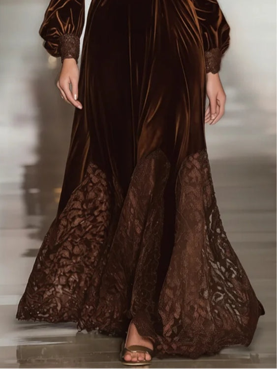 Anna-Berg | Elegant Maxi Velvet Dress With Turtleneck And Lace