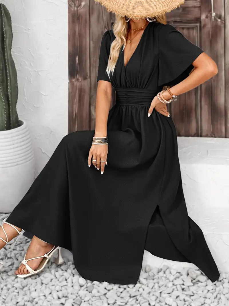 Anna-Berg | Long Short Sleeve V-Neck Dress