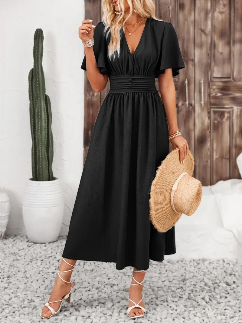 Anna-Berg | Long Short Sleeve V-Neck Dress