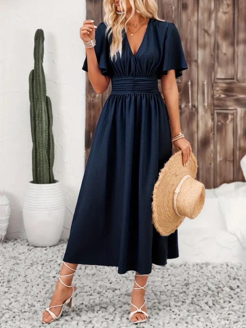 Anna-Berg | Long Short Sleeve V-Neck Dress