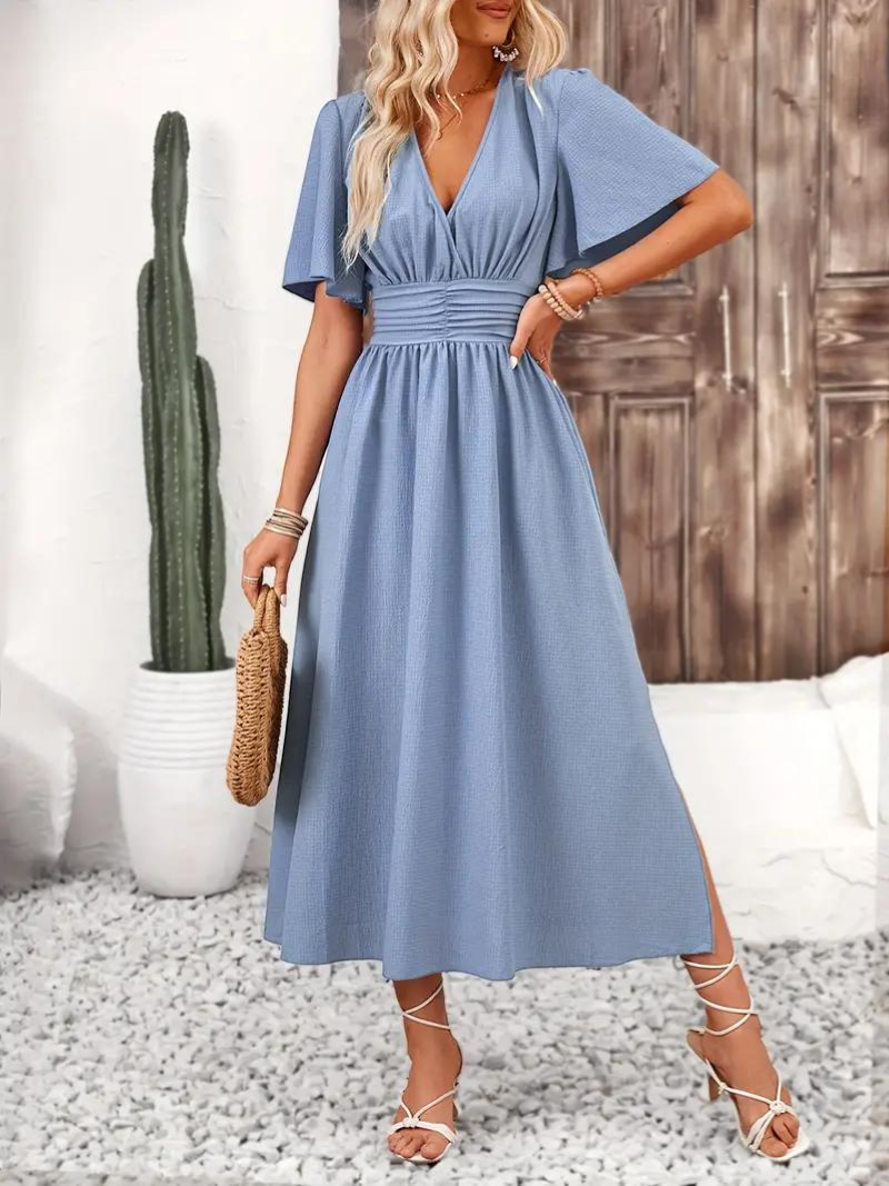 Anna-Berg | Long Short Sleeve V-Neck Dress